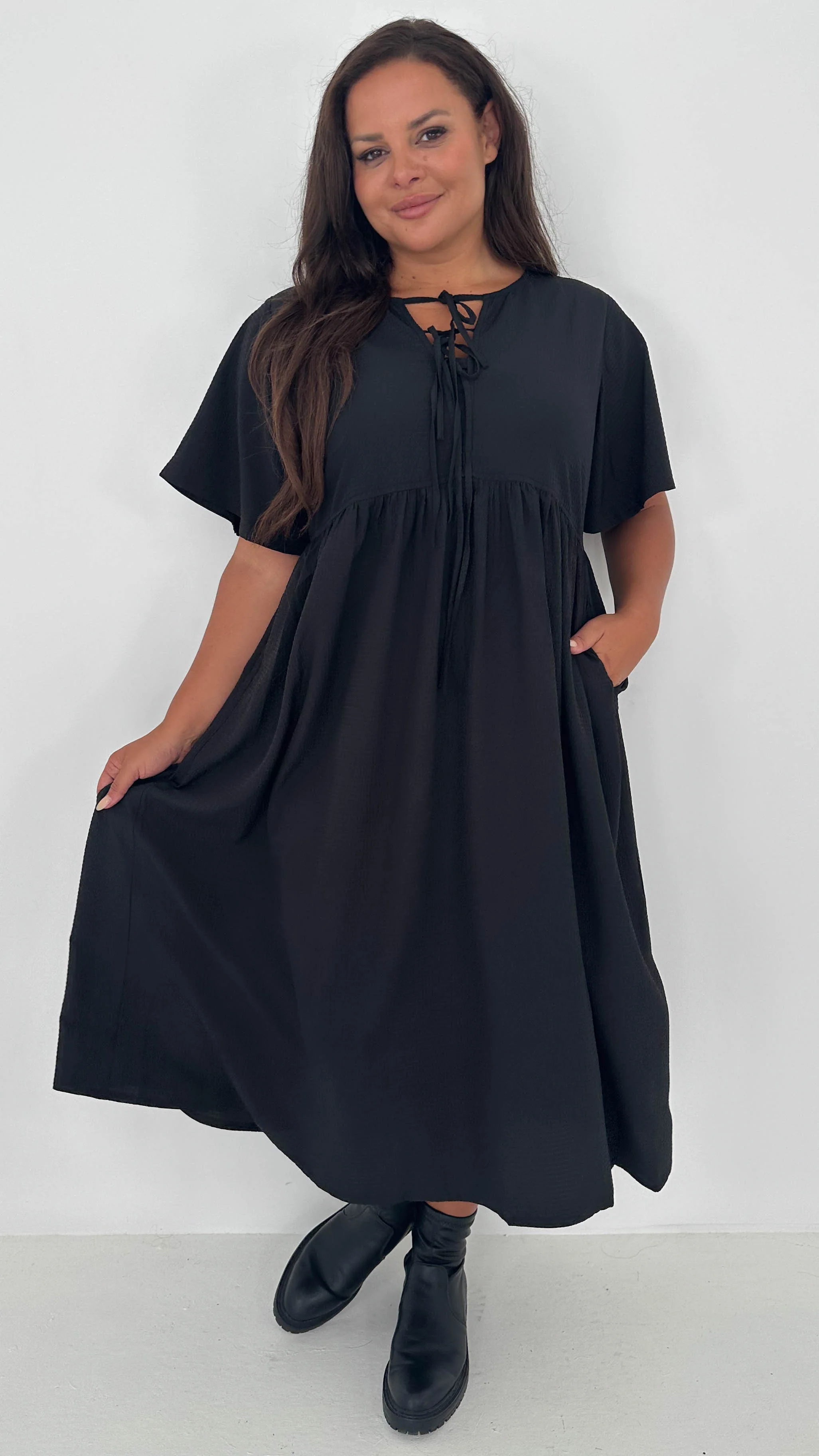 CurveWow Tied Bow Front Dress Black - Insurauncei