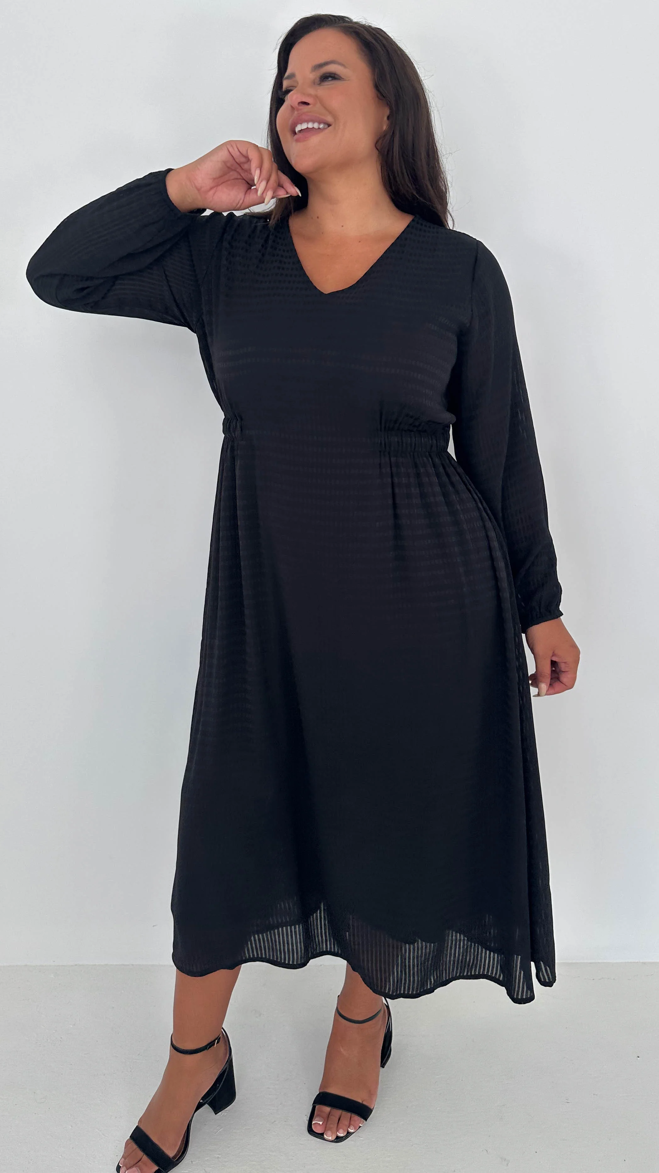 CurveWow Textured Vneck Dress Black - Insurauncei