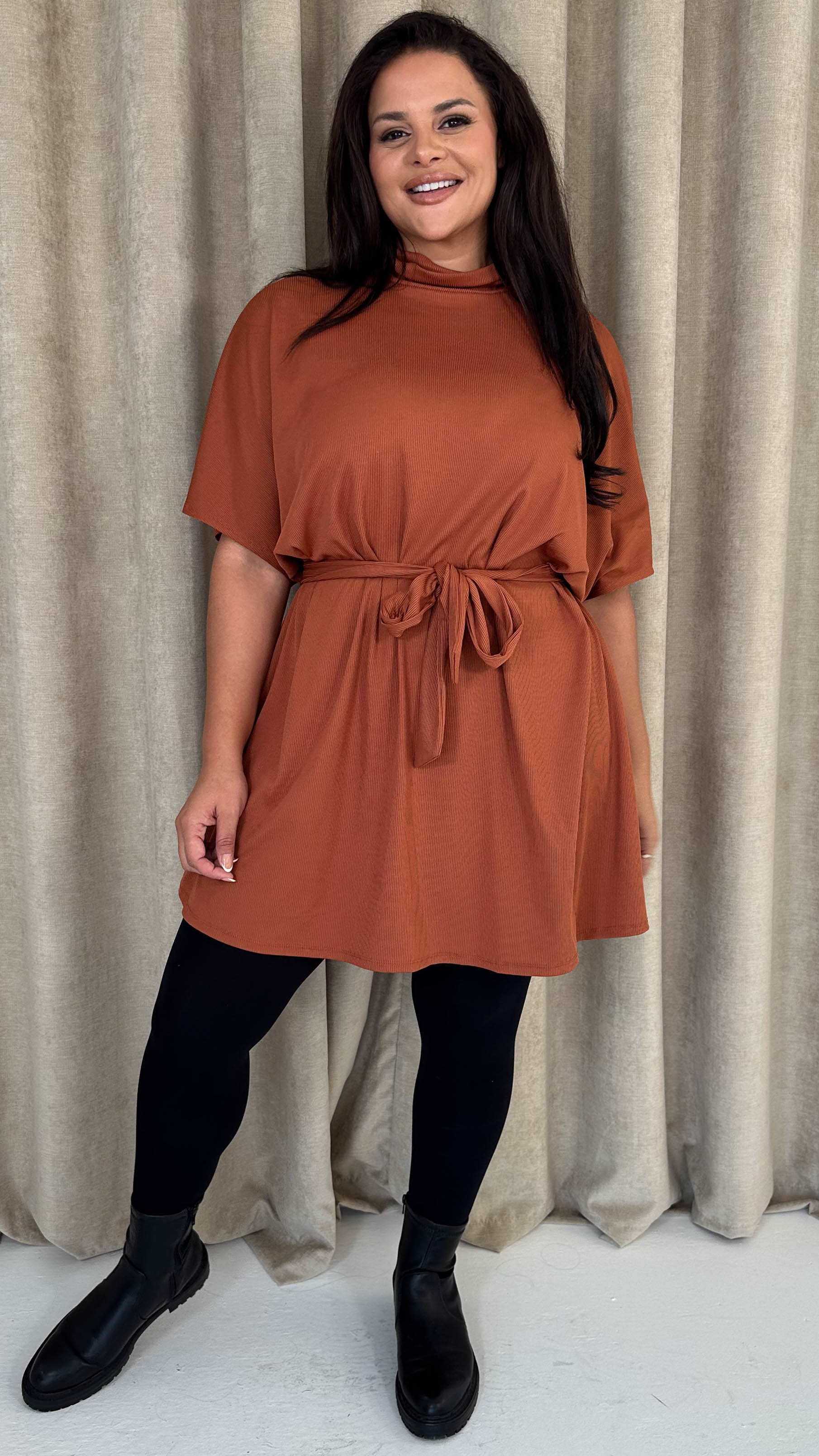 CurveWow High Neck Tie Waist Mini Dress Rust - Insurauncei