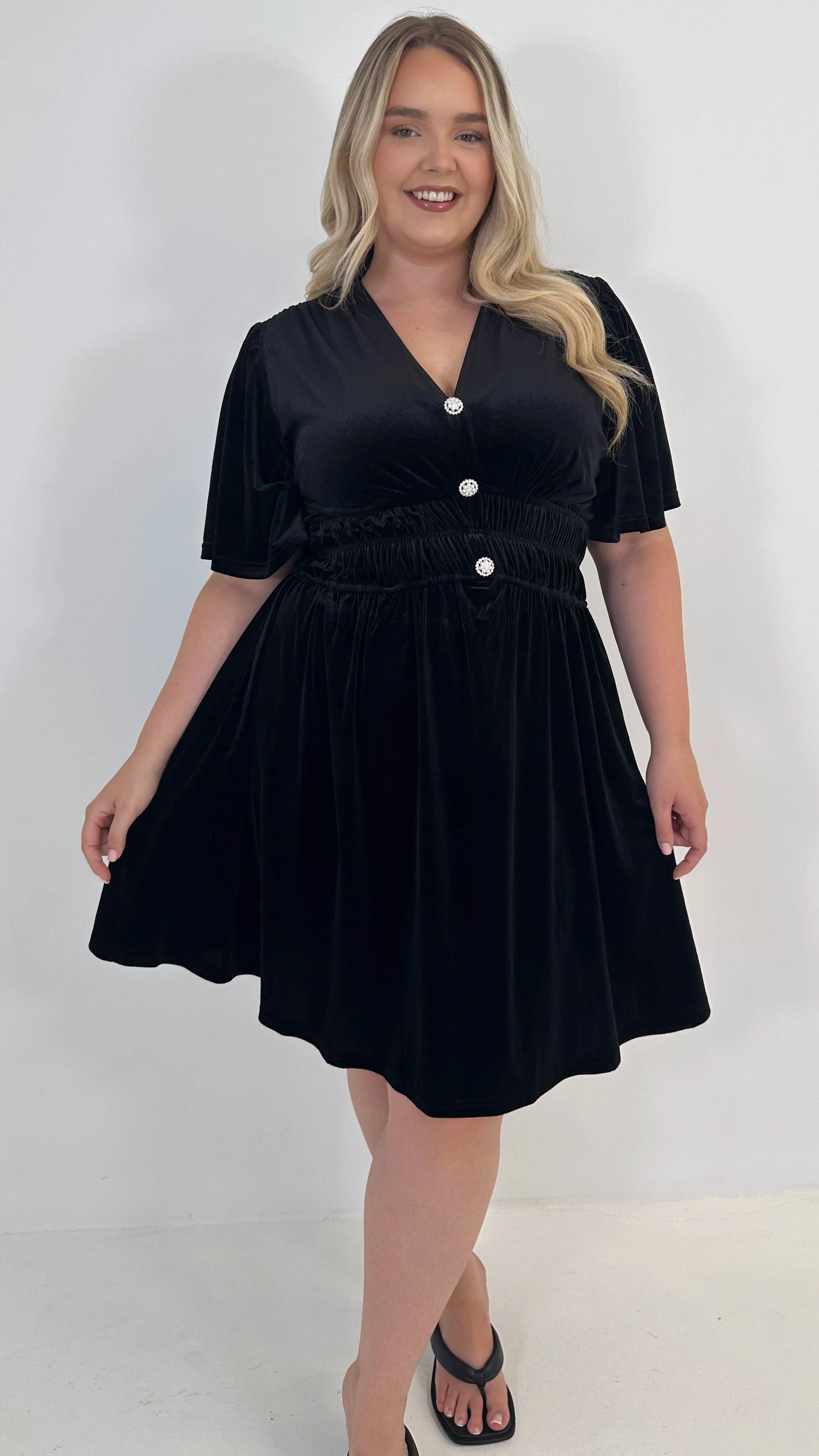 CurveWow Velvet Diamante Button Front Mini Dress Black - Insurauncei