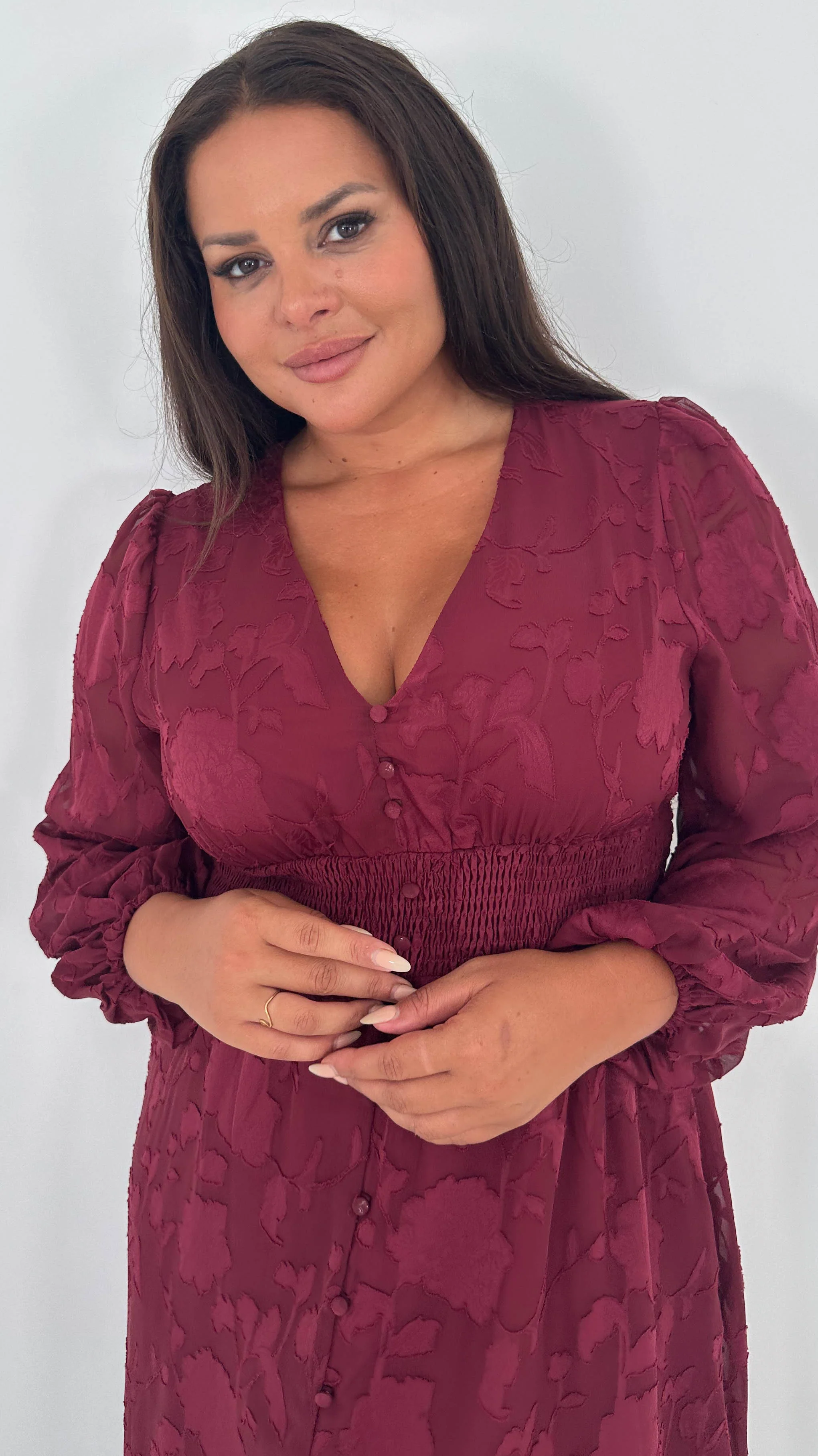 CurveWow Davore V-Neck Button Front Dress Wine - Insurauncei