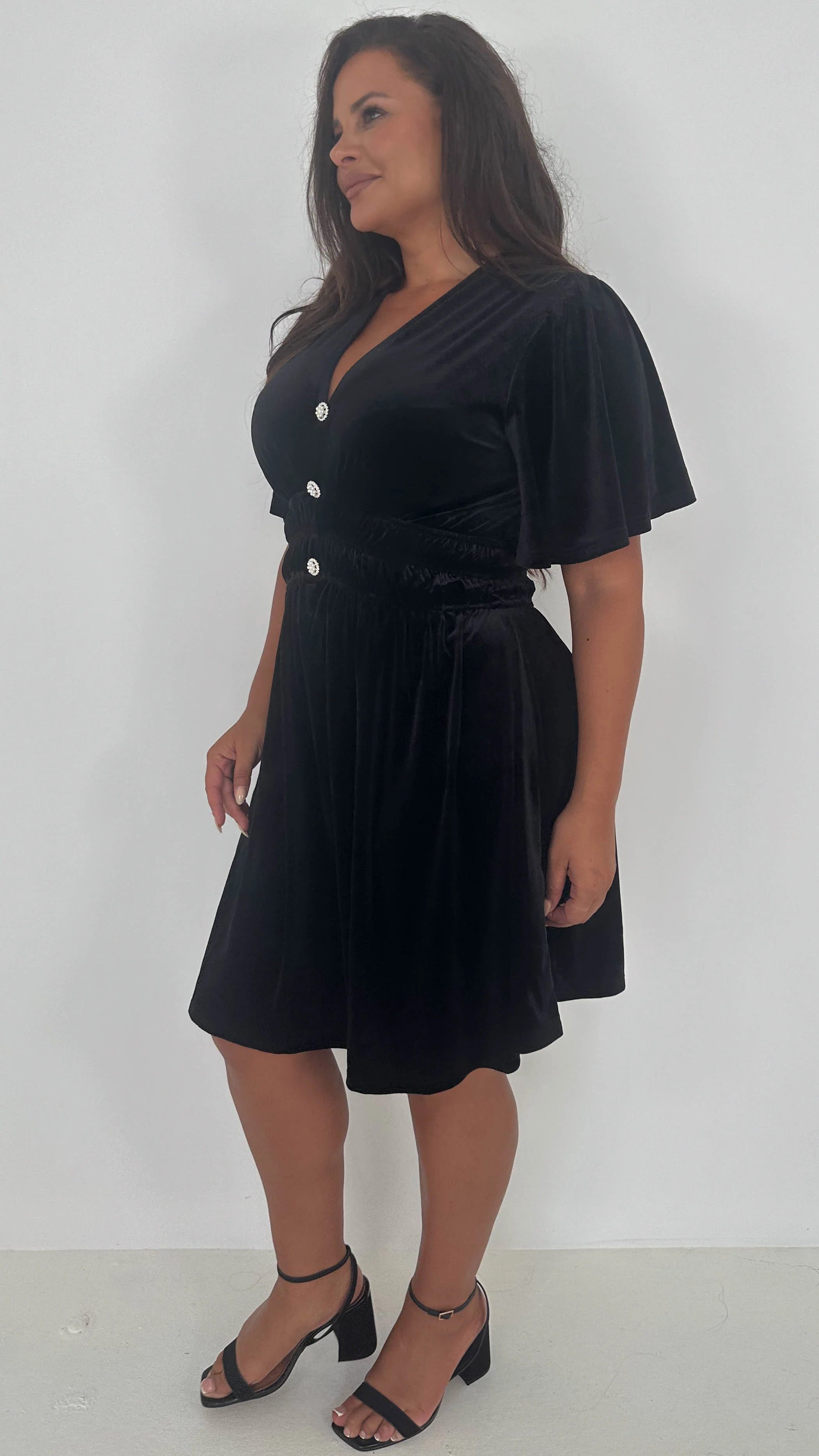 CurveWow Velvet Diamante Button Front Mini Dress Black - Insurauncei