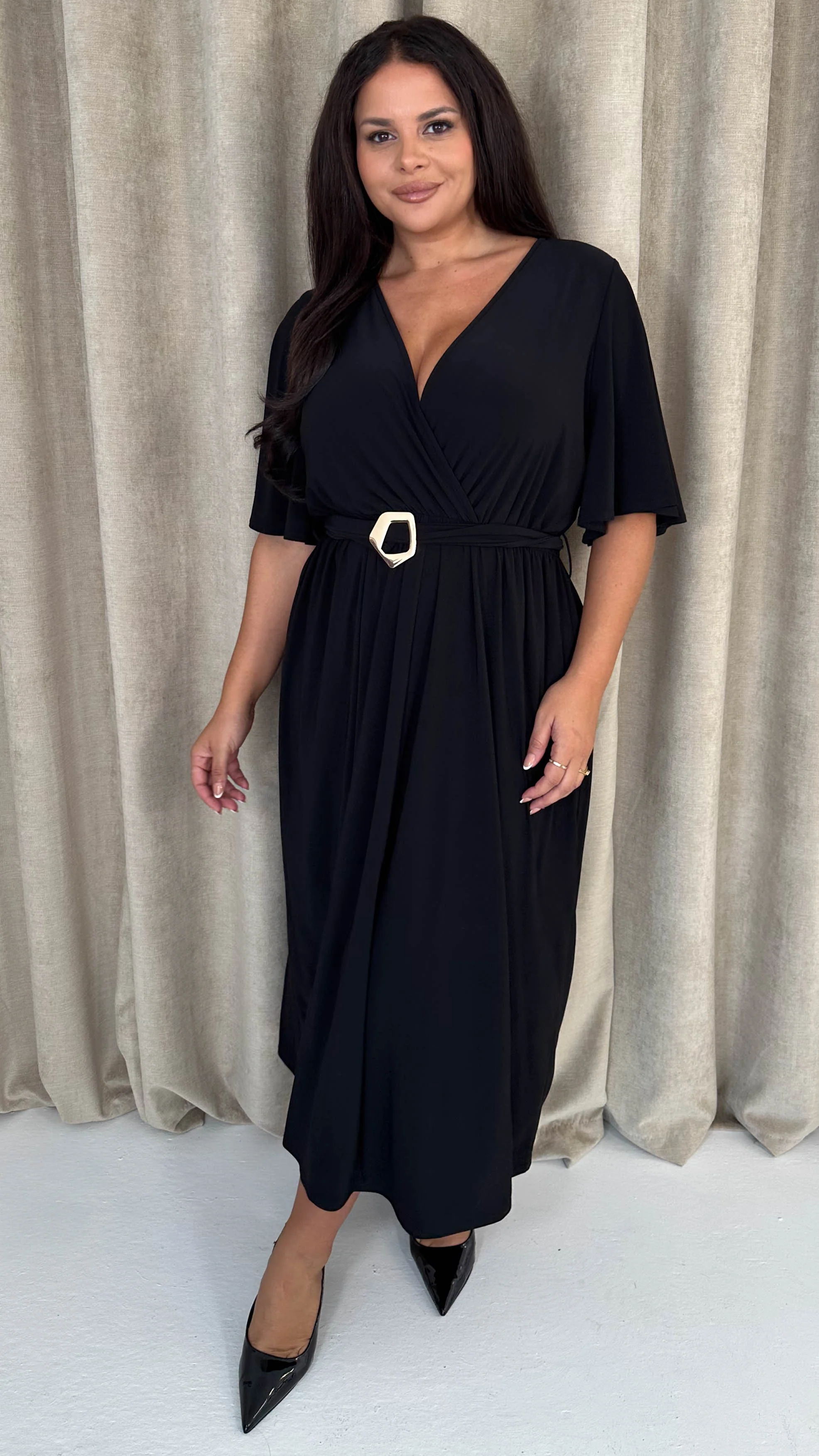 CurveWow Irregular Buckle Split Front Wrap Dress Black - Insurauncei