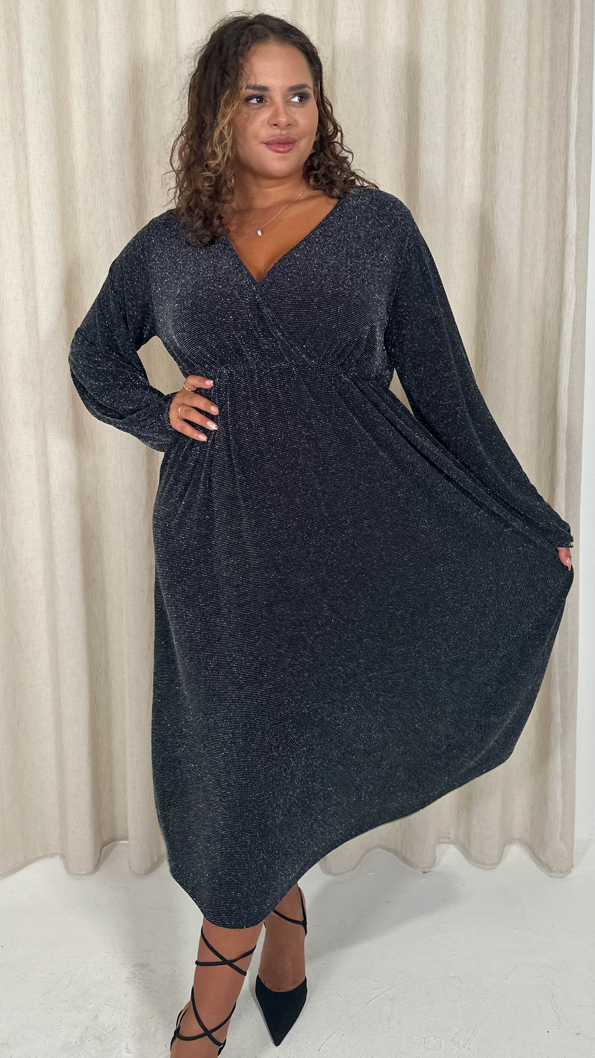 CurveWow Wrap Balloon Sleeve Midaxi Dress Black Silver - Insurauncei