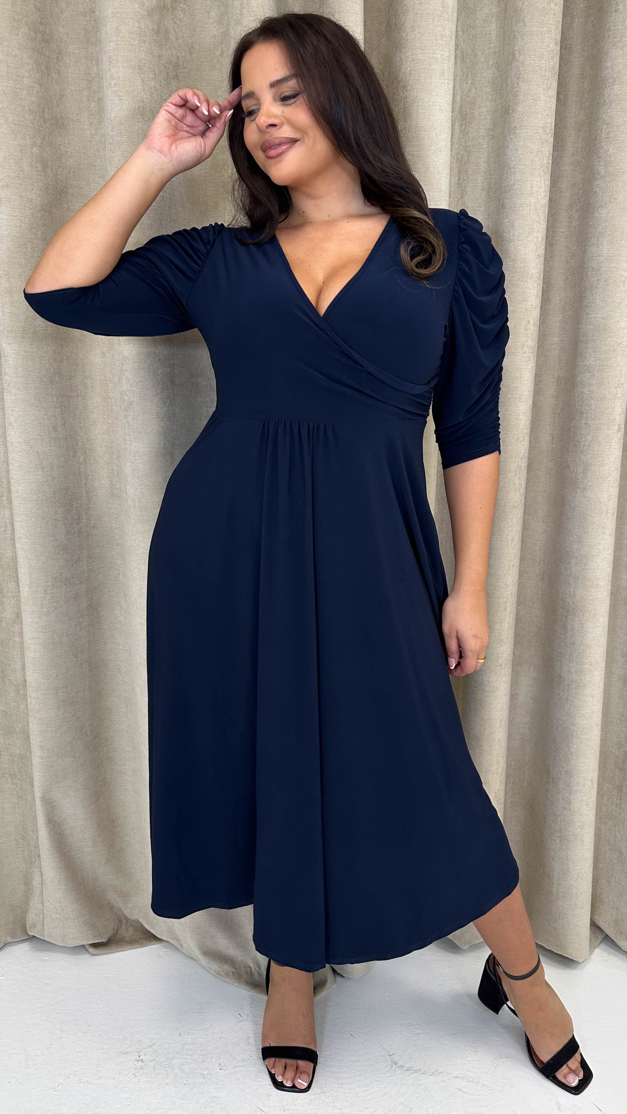 CurveWow 3/4 Balloon Sleeve Wrap Midi Dress Navy - Insurauncei