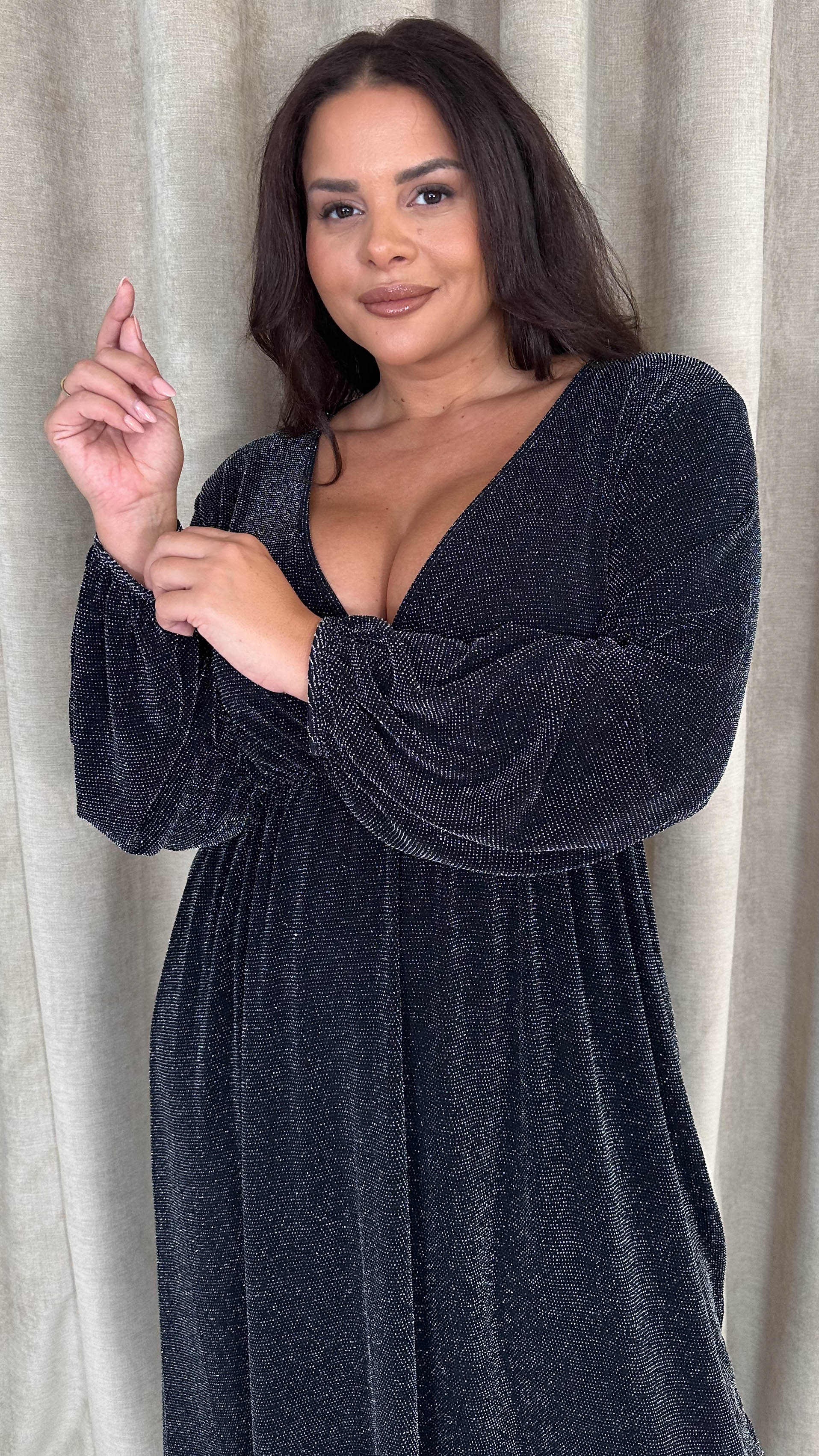 CurveWow Wrap Balloon Sleeve Midaxi Dress Black Silver - Insurauncei