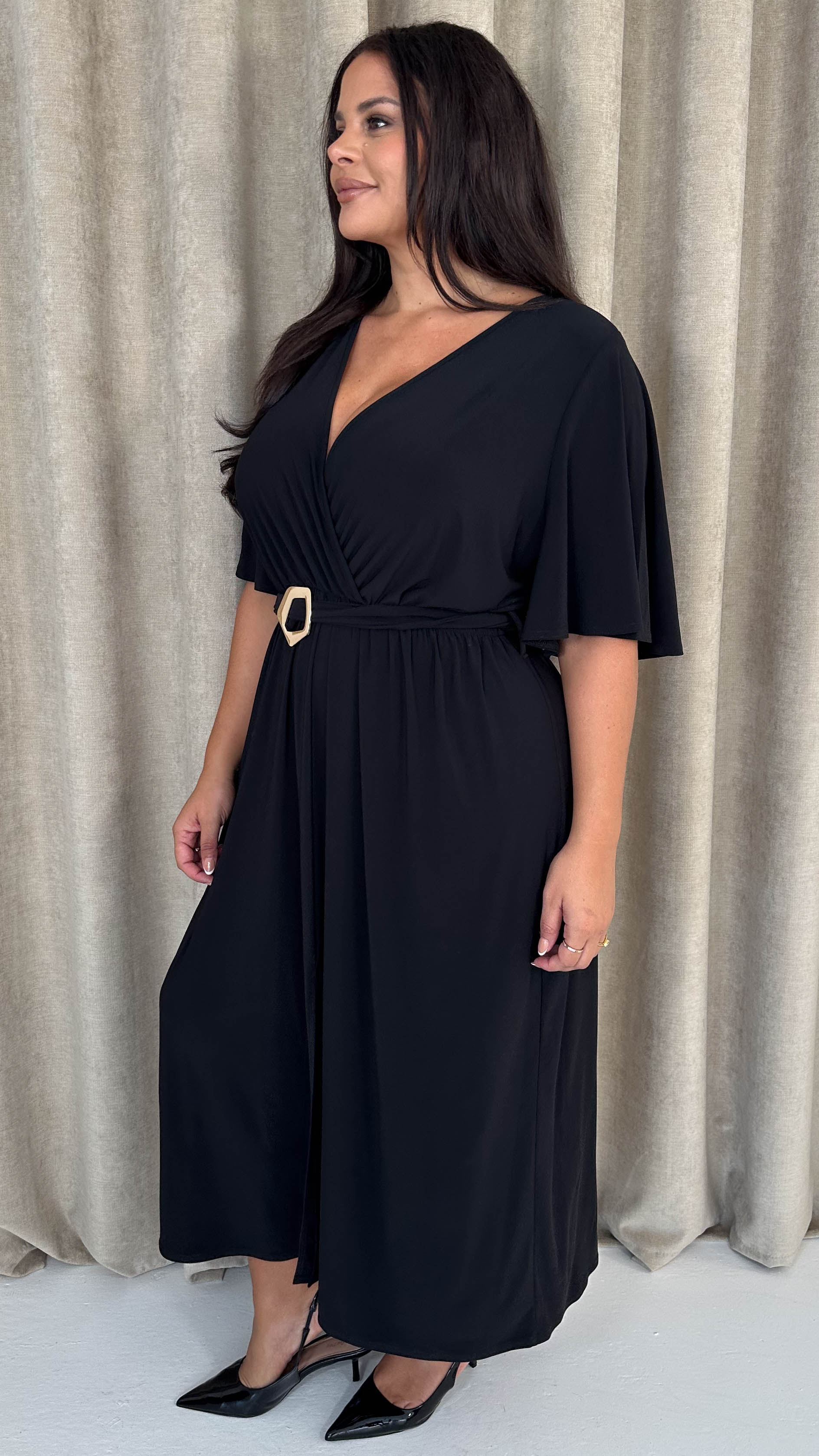 CurveWow Irregular Buckle Split Front Wrap Dress Black - Insurauncei