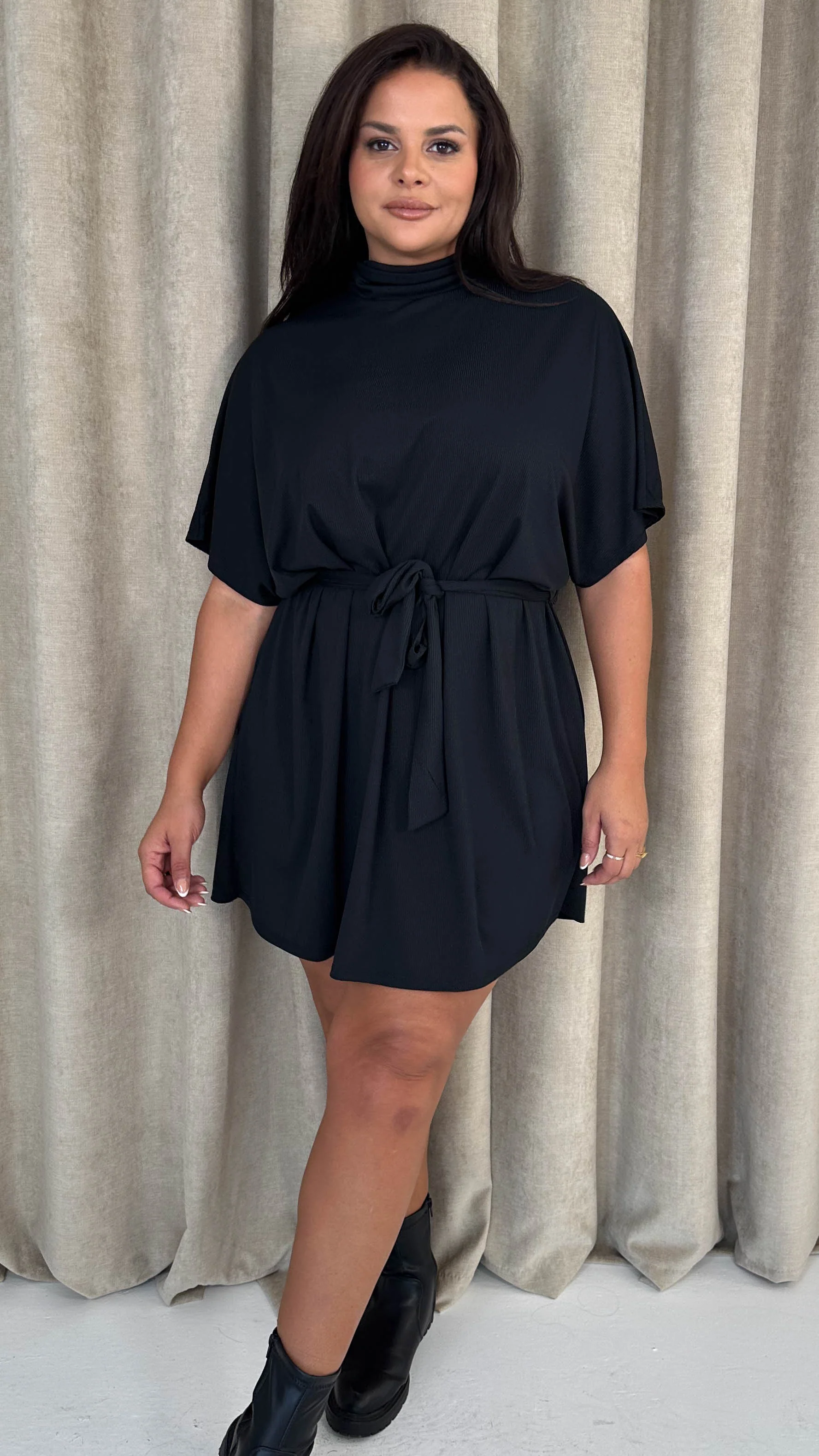 CurveWow High Neck Tie Waist Mini Dress Black - Insurauncei