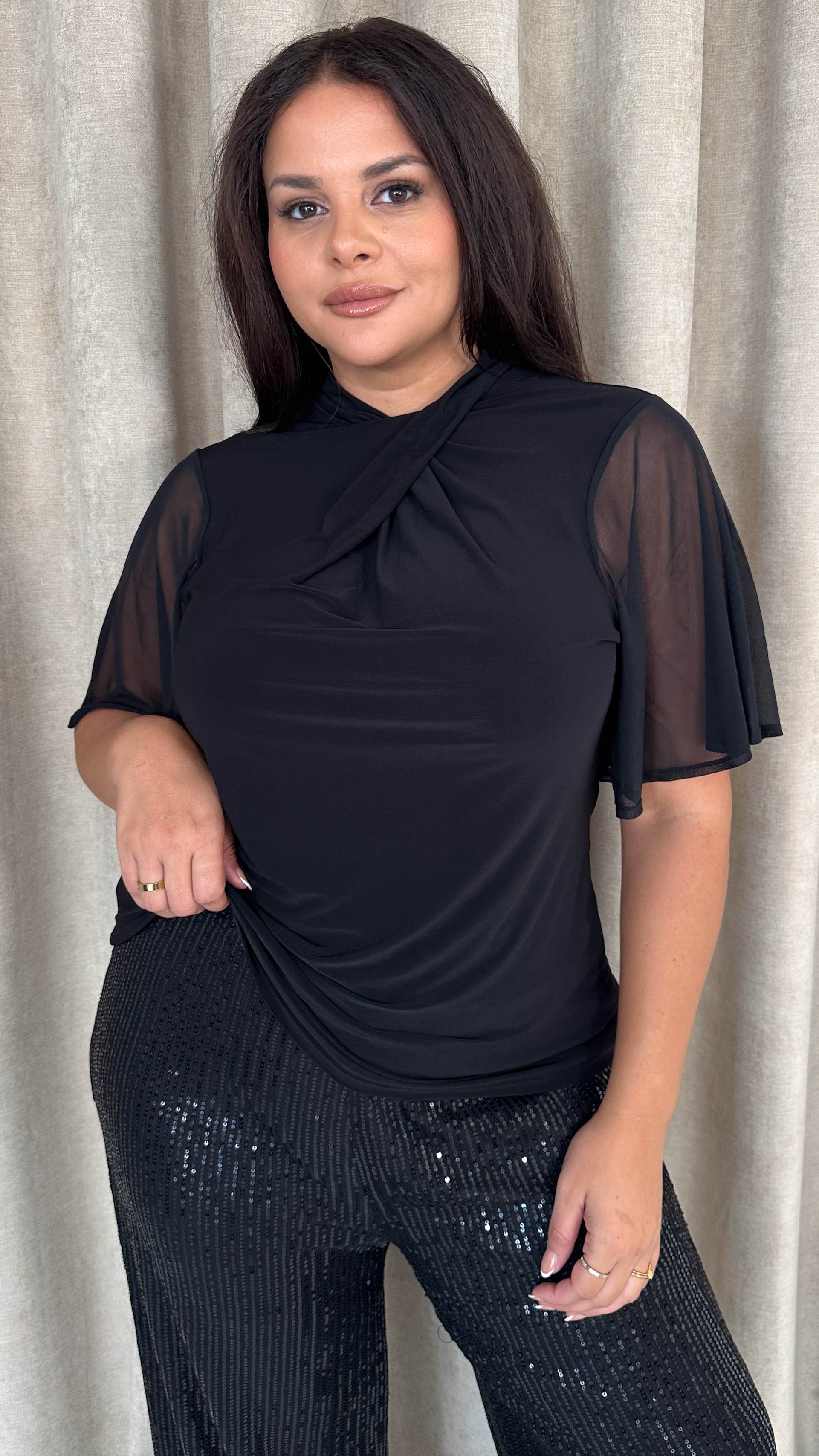 CurveWow Mesh Angel Sleeve Twist Neck Top Black - Insurauncei