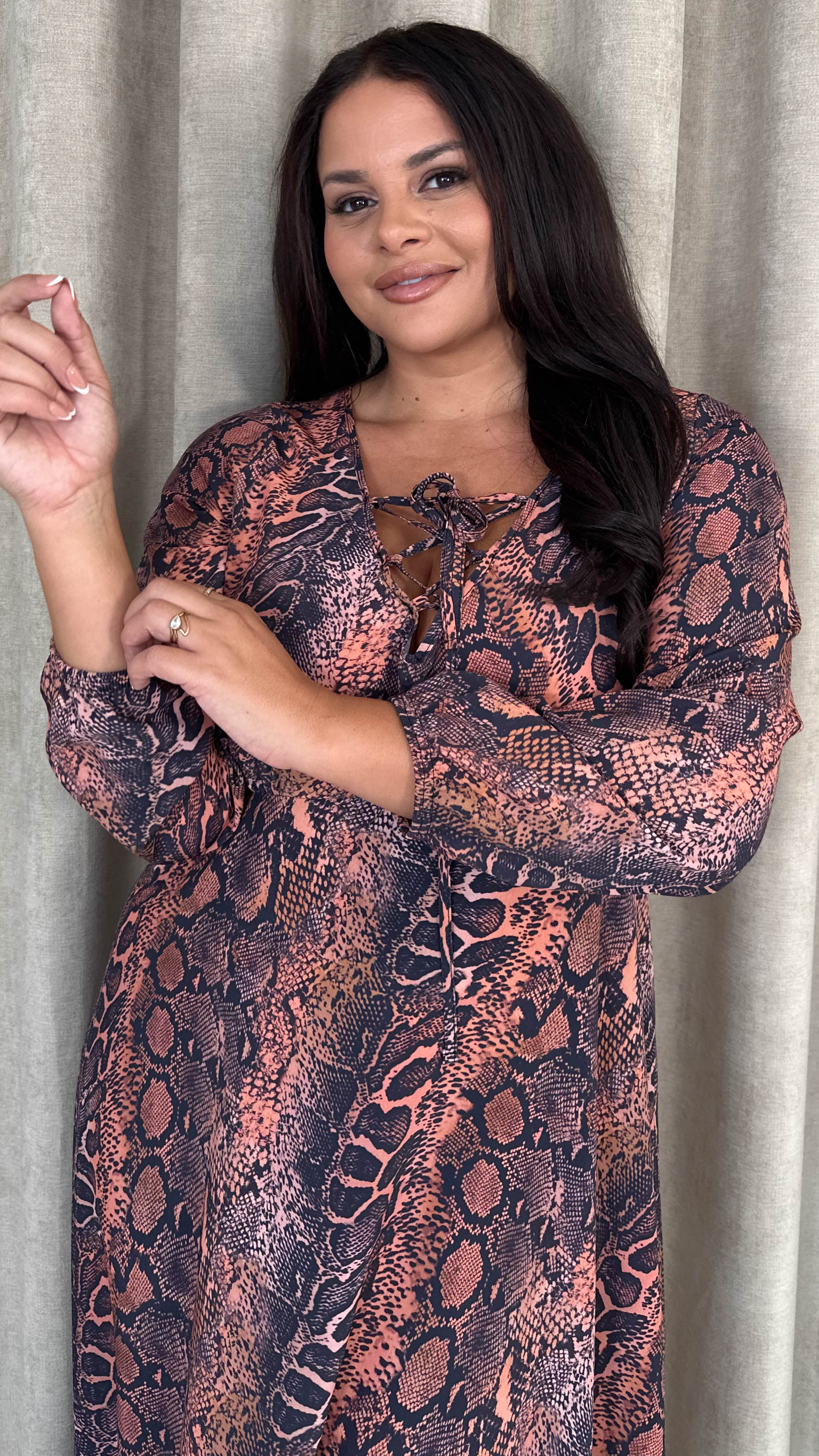 CurveWow Lace Front Frill Hem Midi Dress Snake - Insurauncei