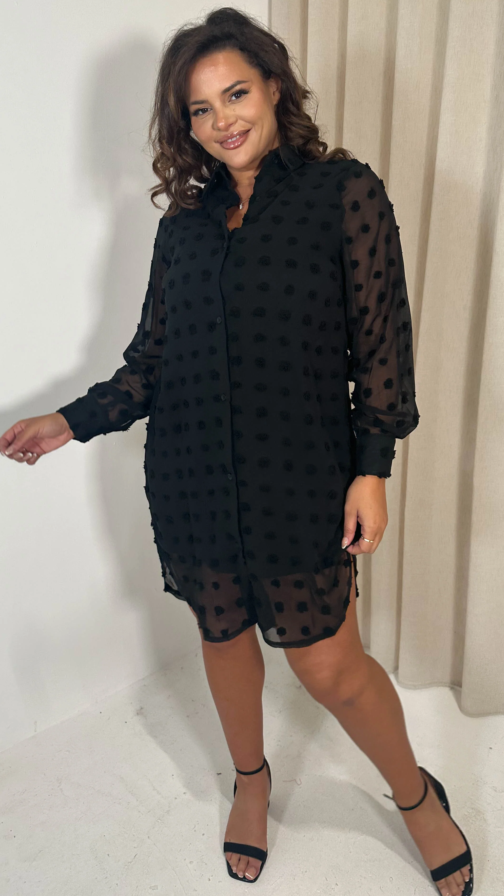 CurveWow Embossed Dot Shirt Dress Black - Insurauncei