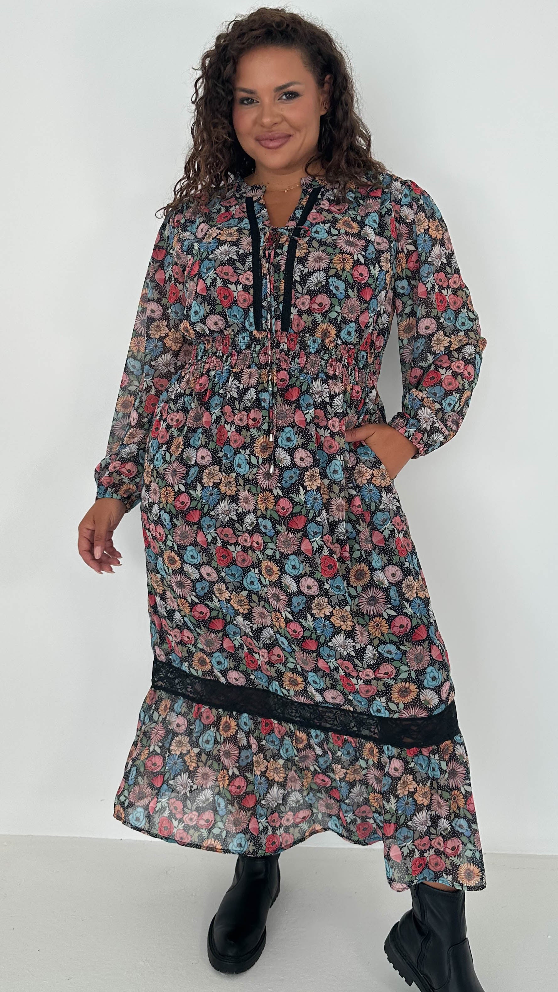 CurveWow Lace Insert Printed Midi Dress Multi Floral - Insurauncei