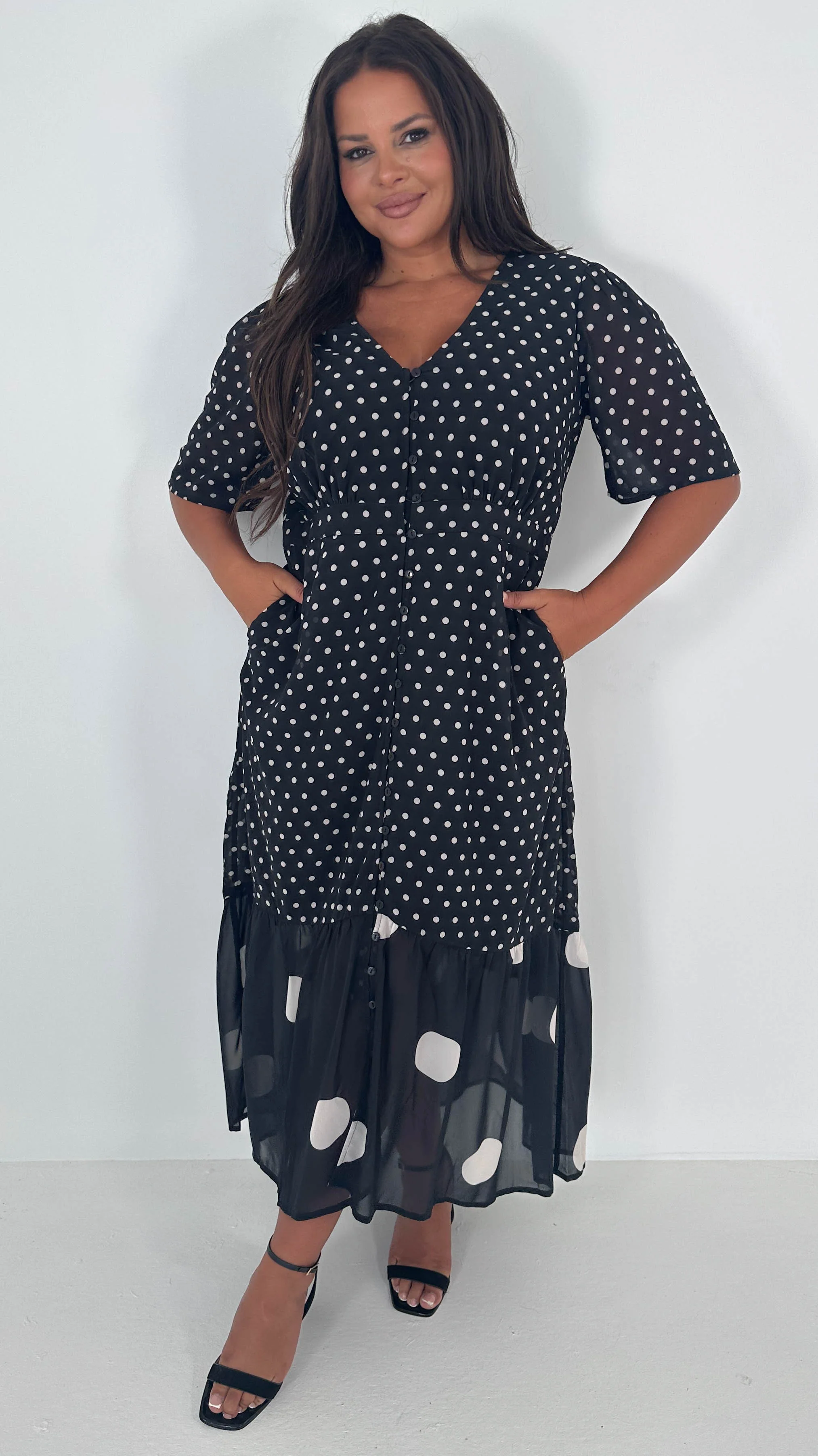 CurveWow Double Spot Frill Hem Maxi Dress Black - Insurauncei