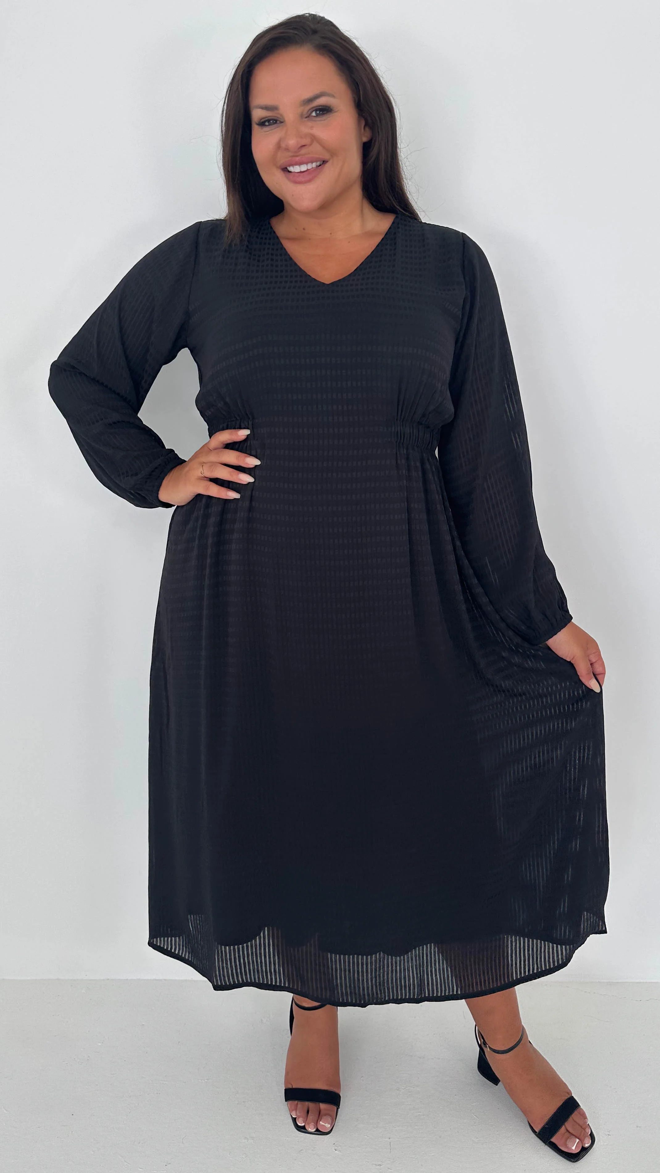 CurveWow Textured Vneck Dress Black - Insurauncei