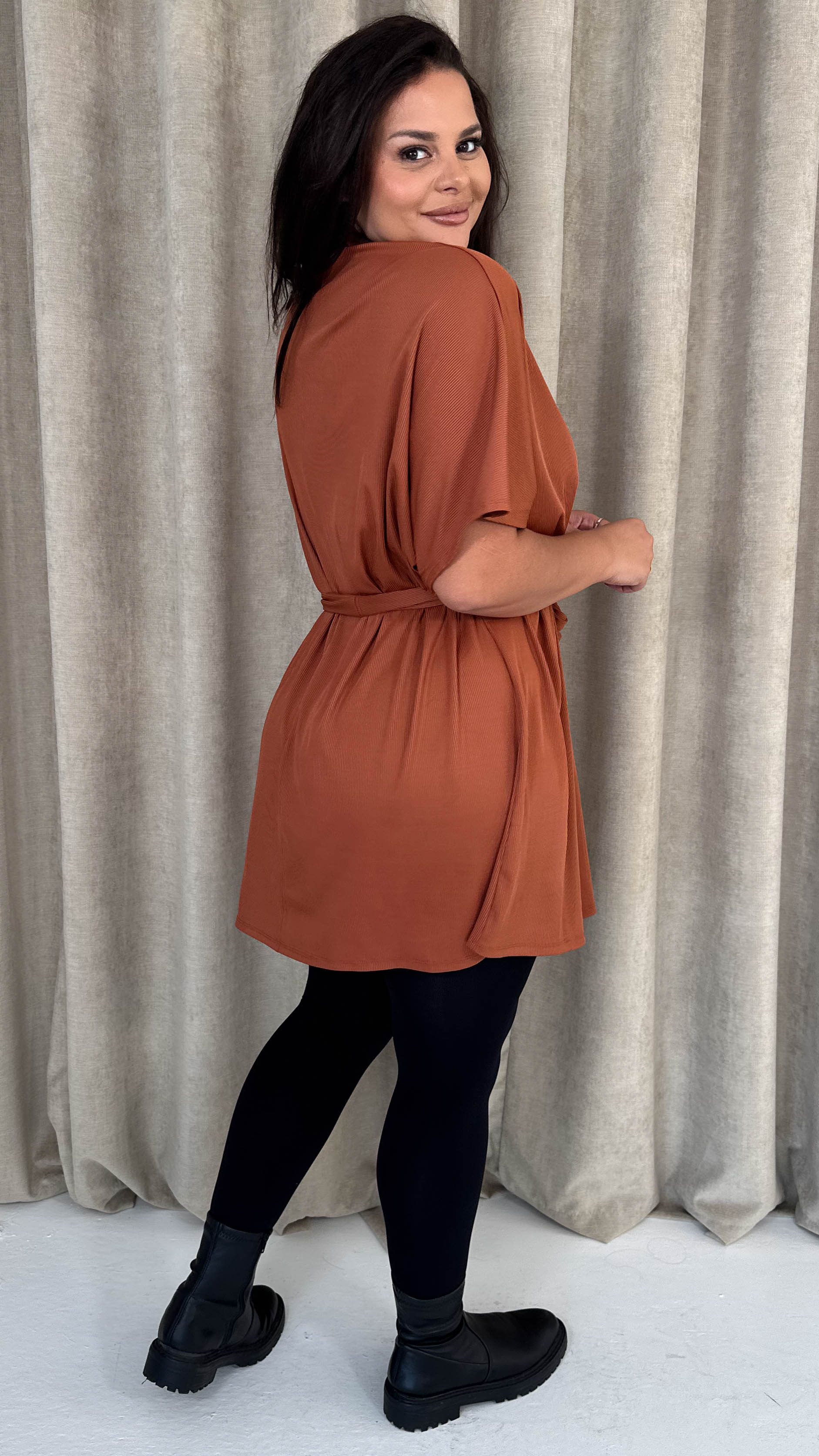 CurveWow High Neck Tie Waist Mini Dress Rust - Insurauncei