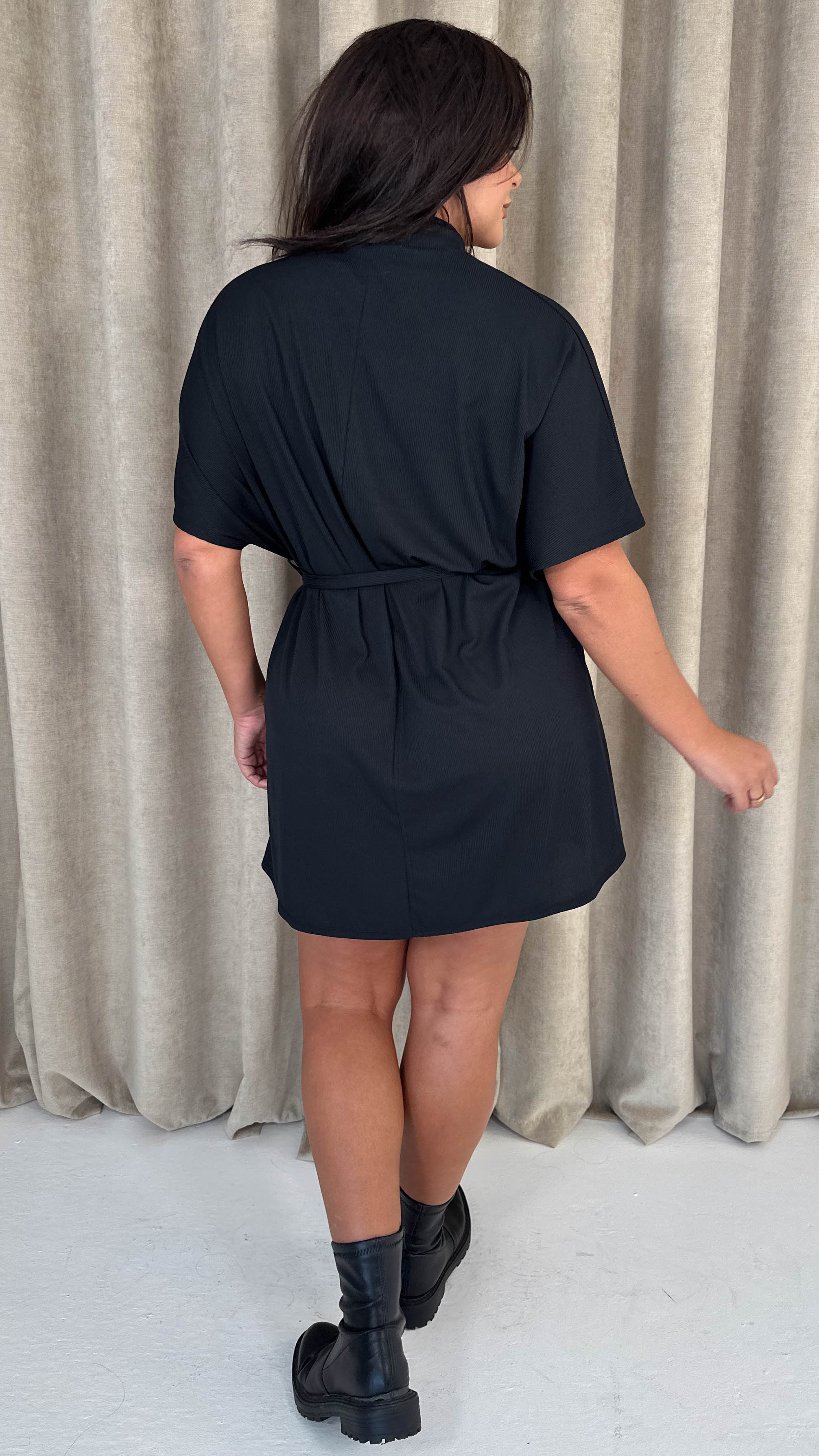 CurveWow High Neck Tie Waist Mini Dress Black - Insurauncei
