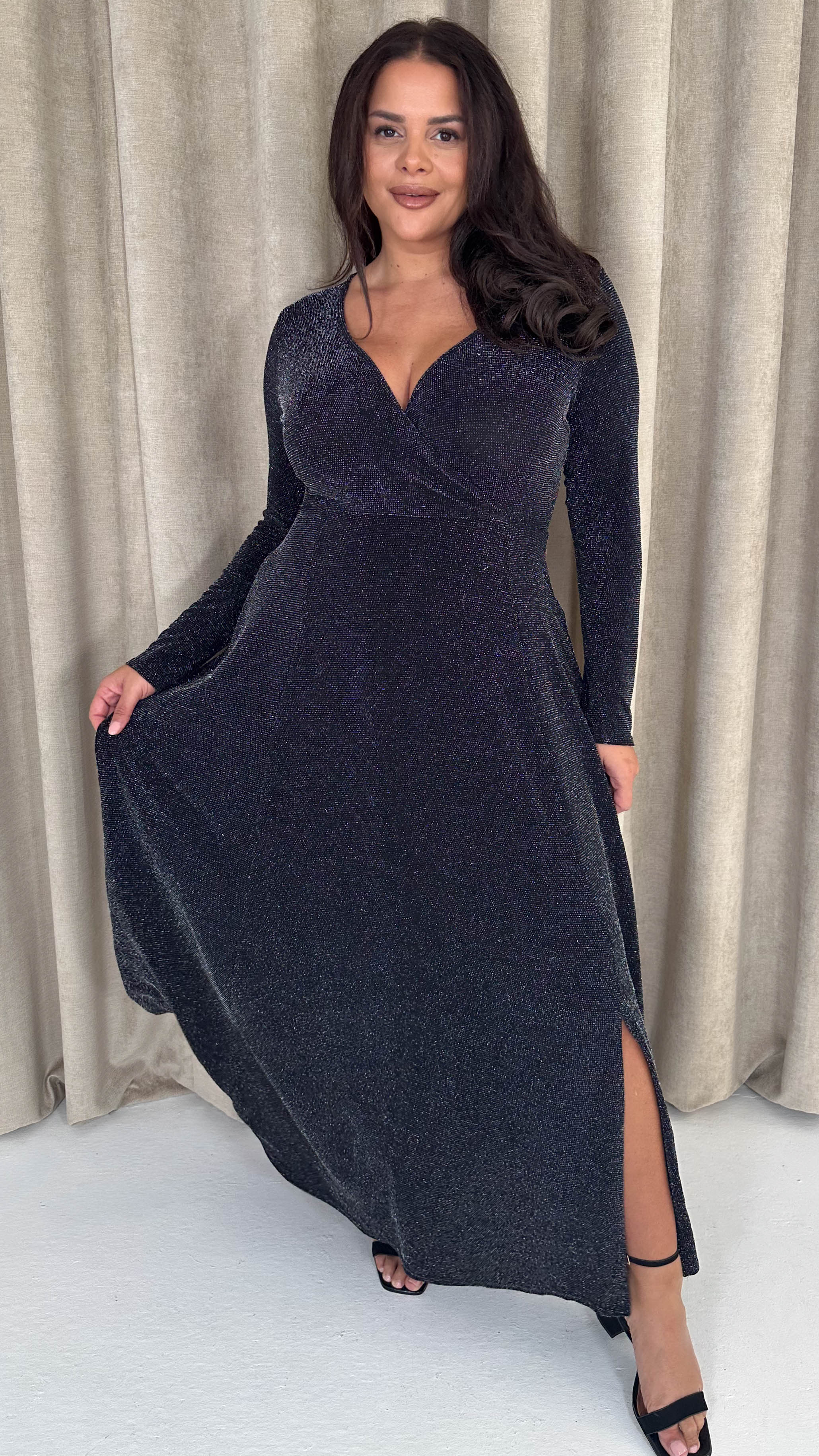 CurveWow Wrap Maxi Dress Black & Silver Sparkle - Insurauncei