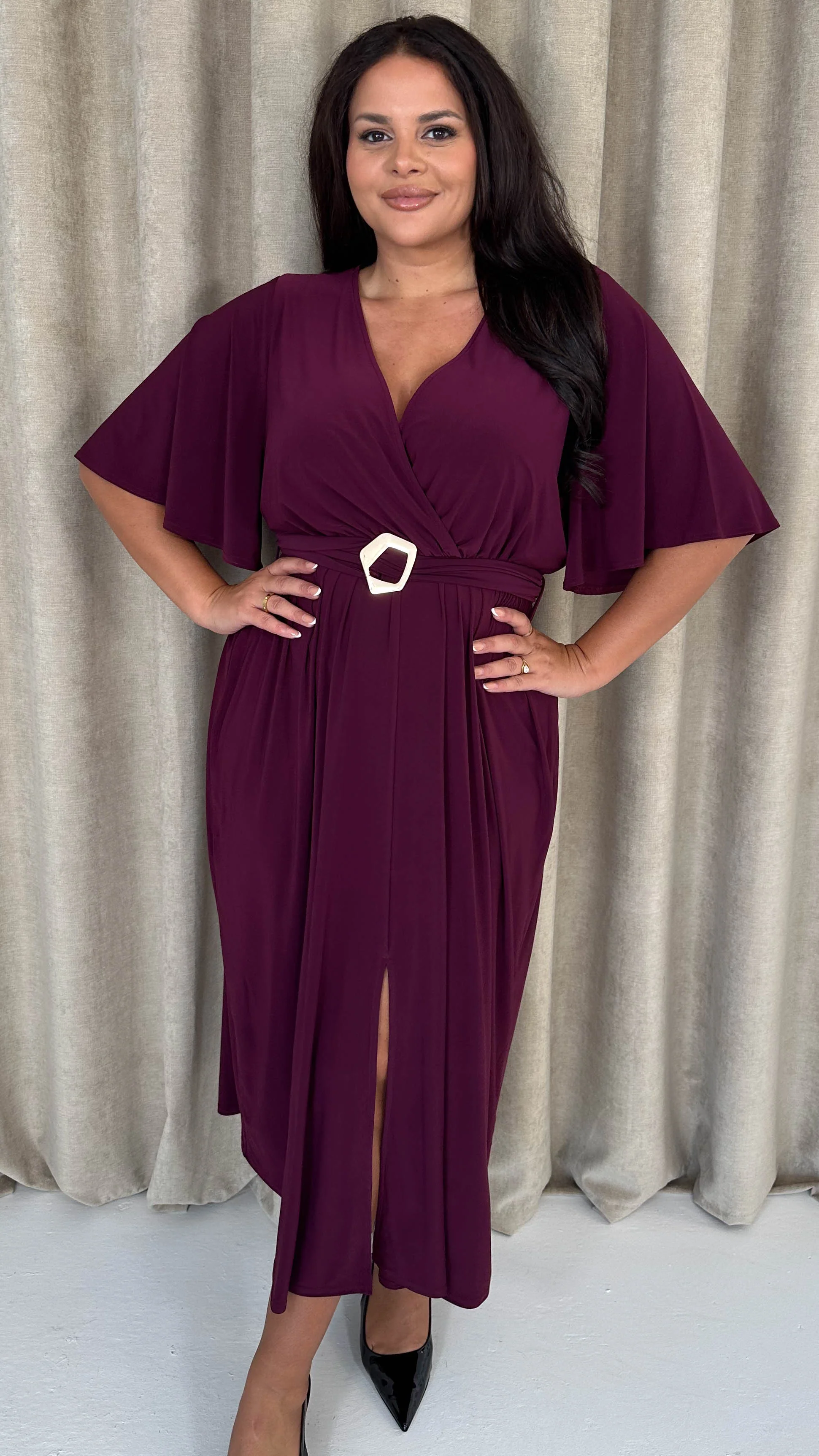 CurveWow Irregular Buckle Split Front Wrap Dress Plum - Insurauncei