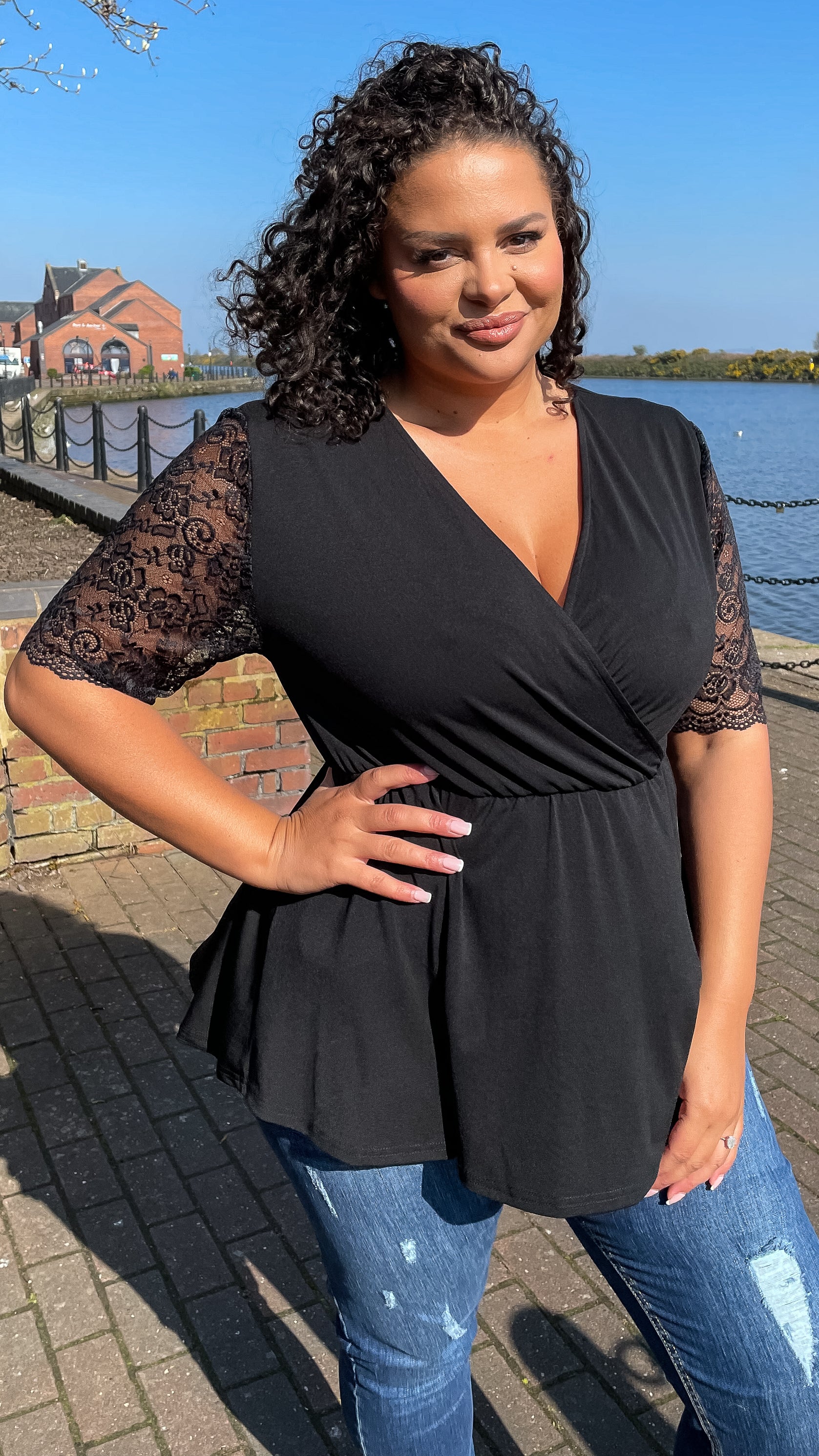 CurveWow Wrap Top With Lace Sleeves Black - Insurauncei