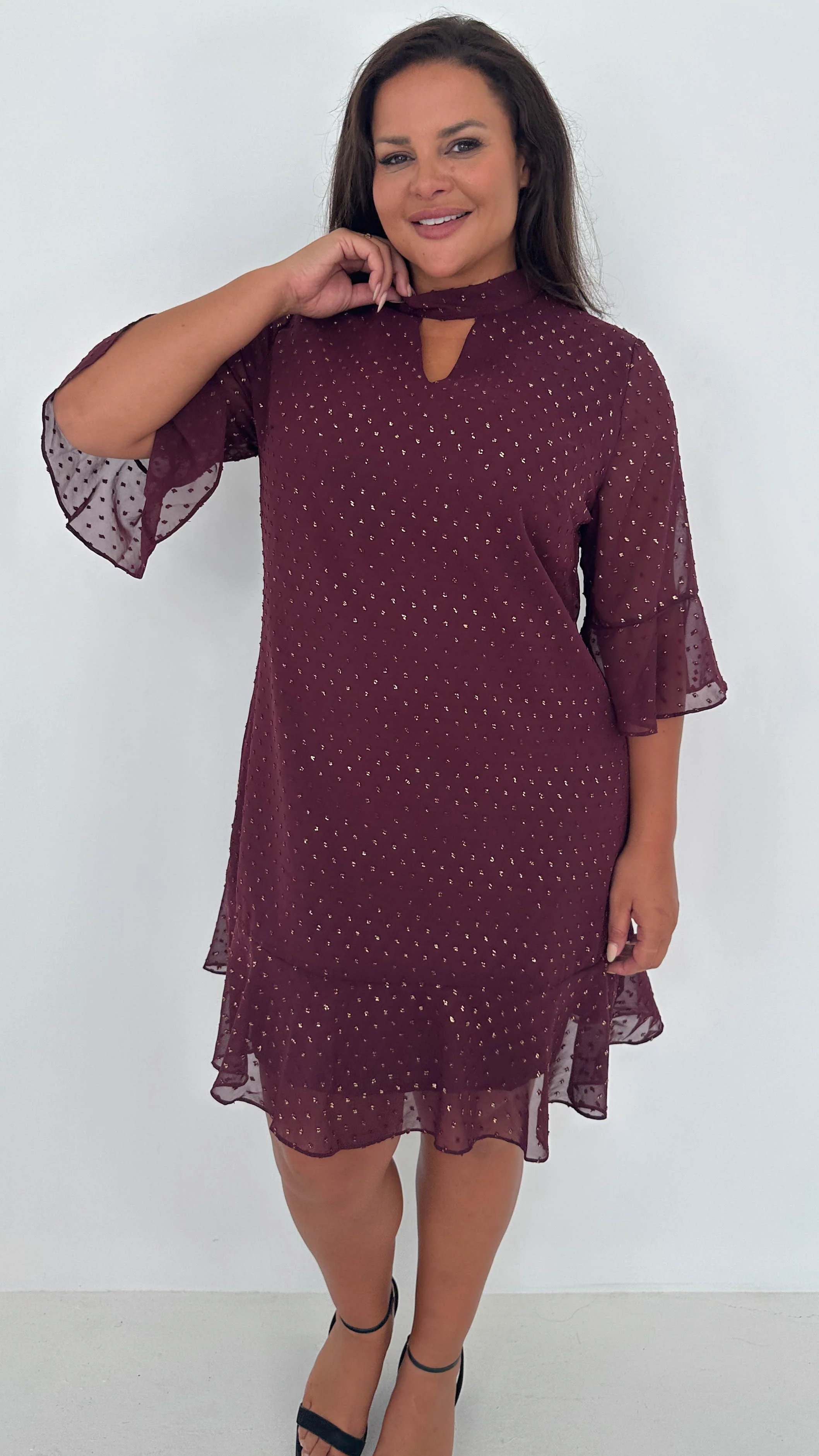 CurveWow Gold Spot Keyhole Shift Dress Plum - Insurauncei