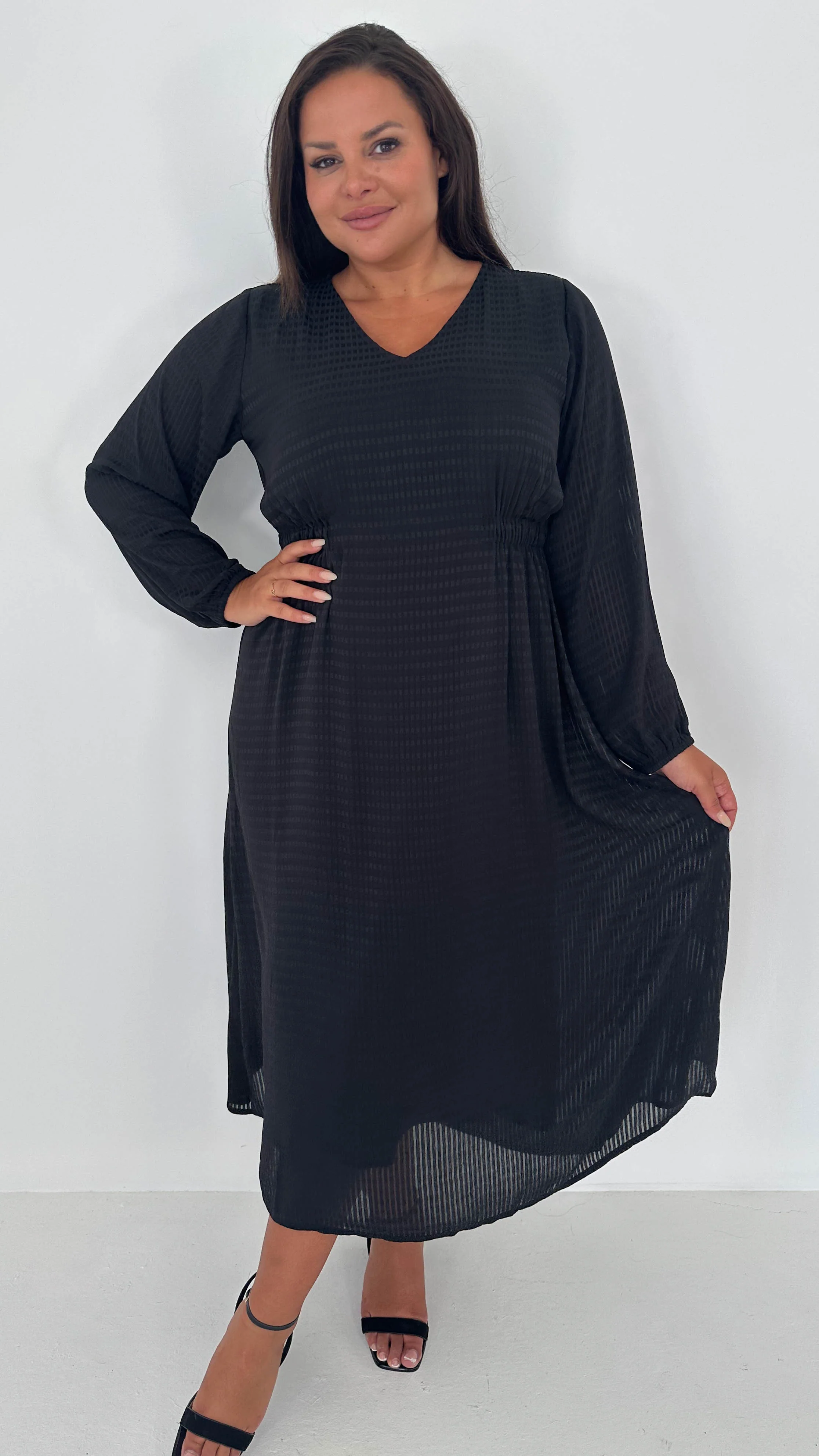 CurveWow Textured Vneck Dress Black - Insurauncei