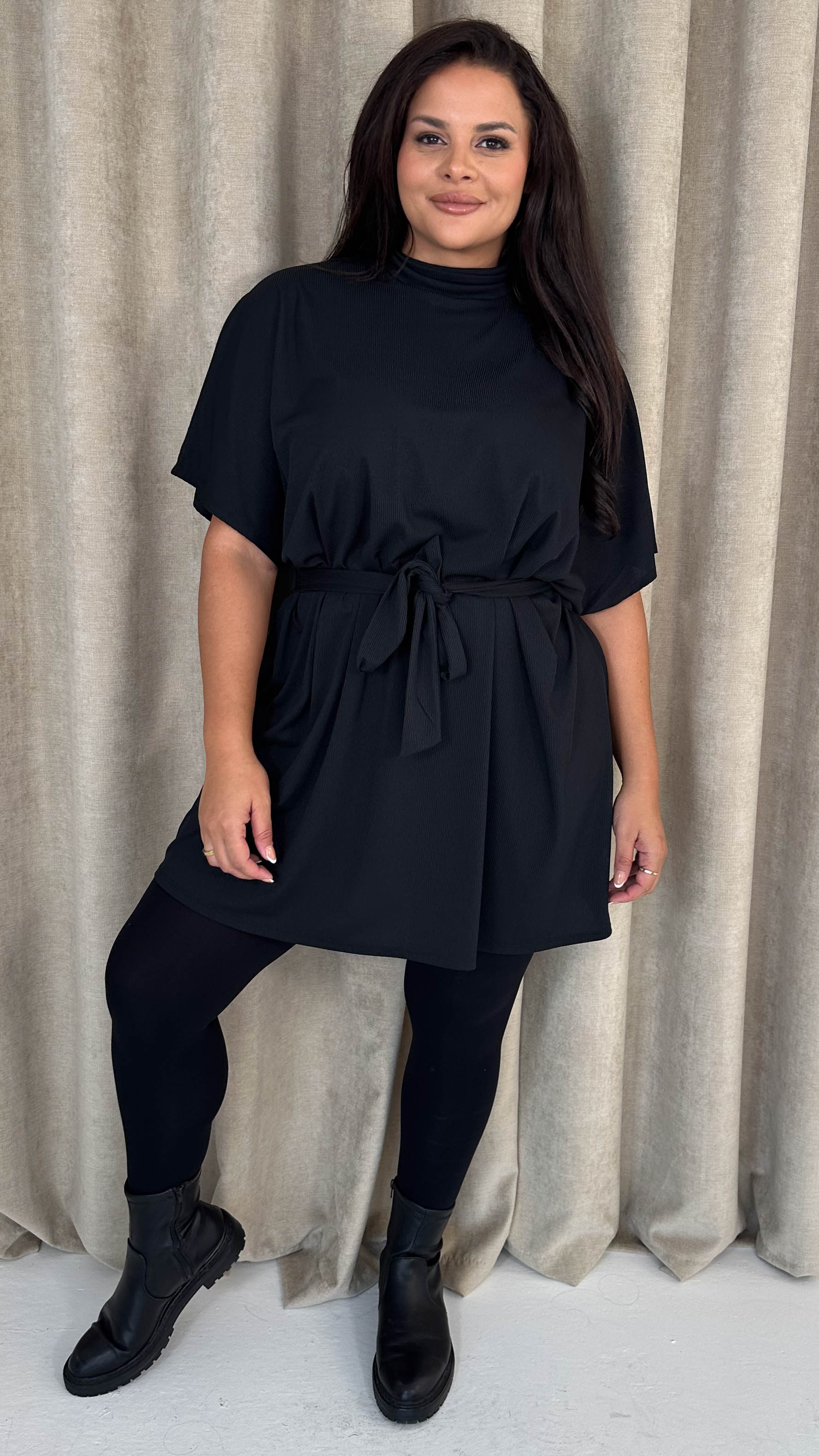 CurveWow High Neck Tie Waist Mini Dress Black - Insurauncei