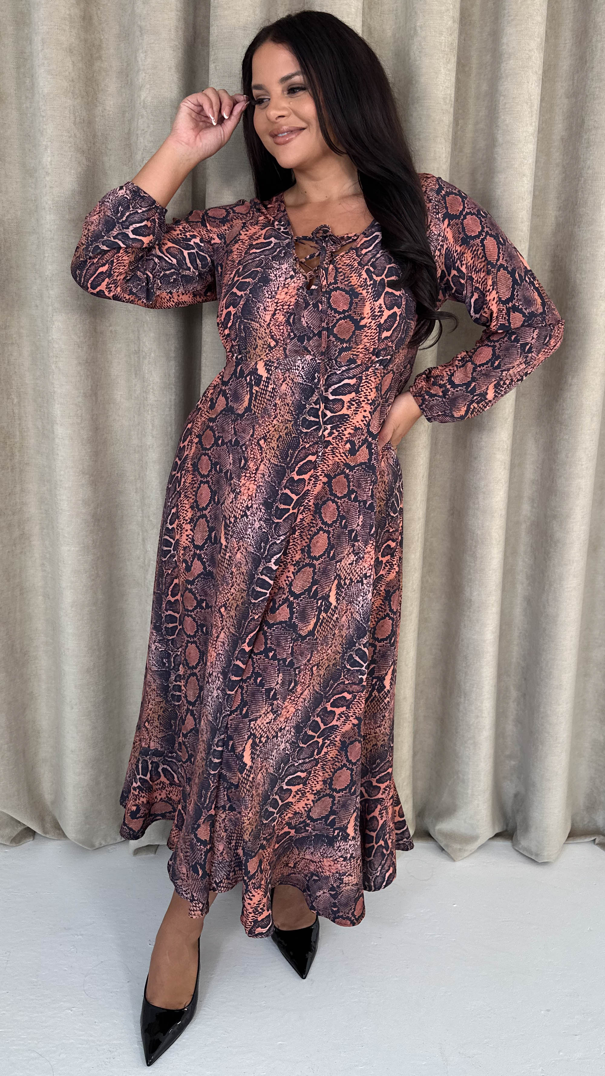 CurveWow Lace Front Frill Hem Midi Dress Snake - Insurauncei