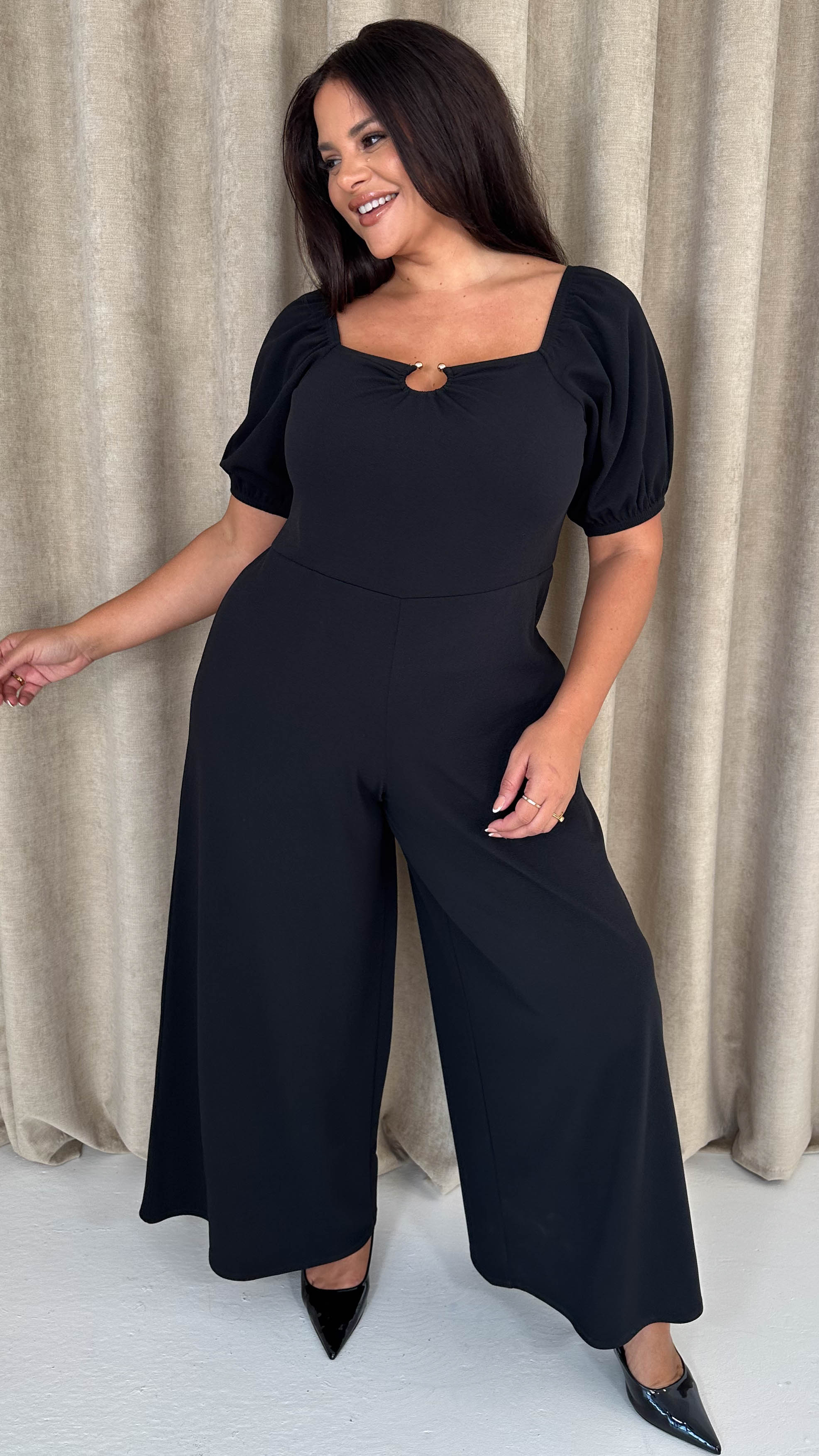 CurveWow O-Ring Milkmaid Wideleg Jumpsuit Black - Insurauncei