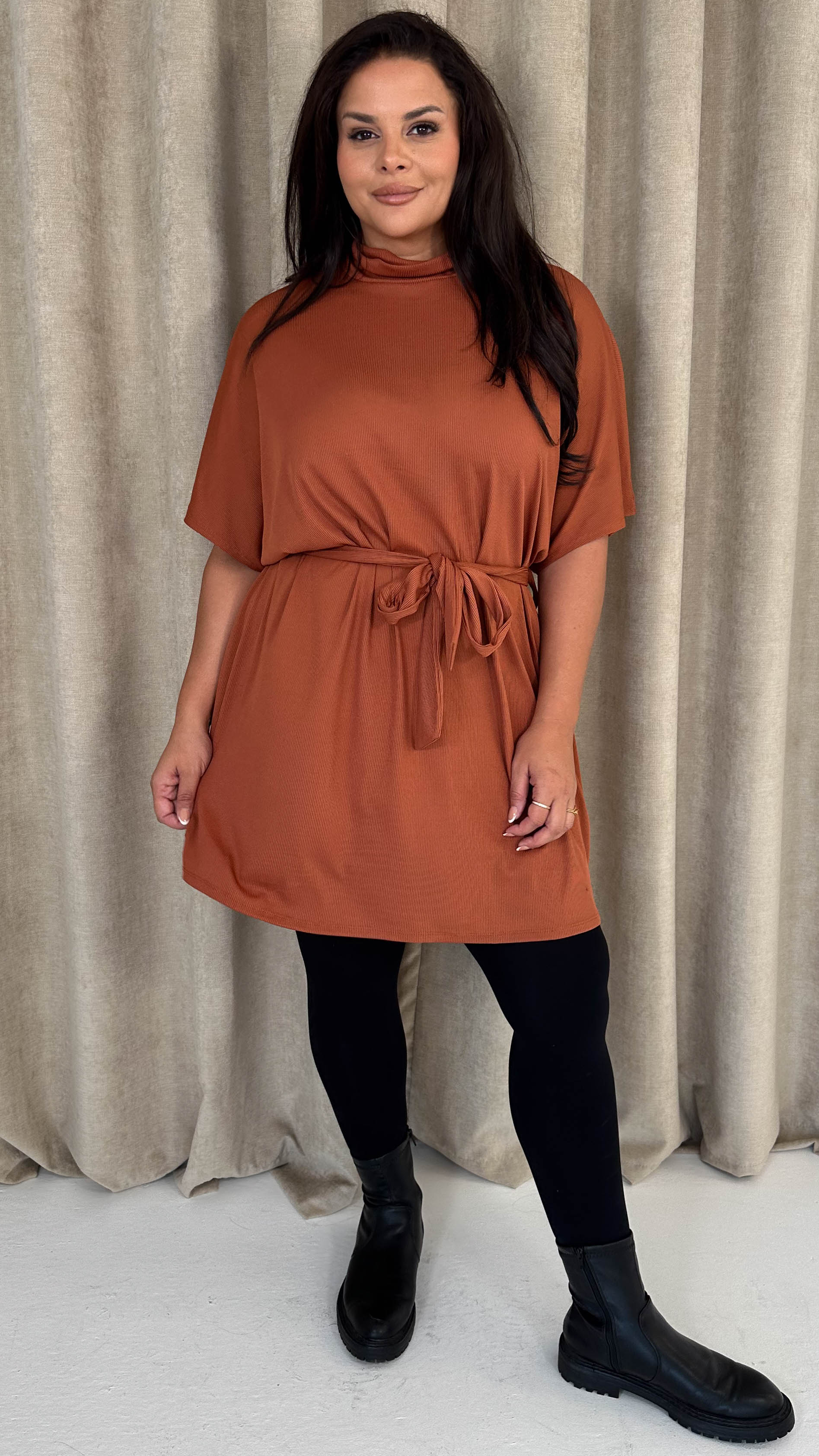CurveWow High Neck Tie Waist Mini Dress Rust - Insurauncei