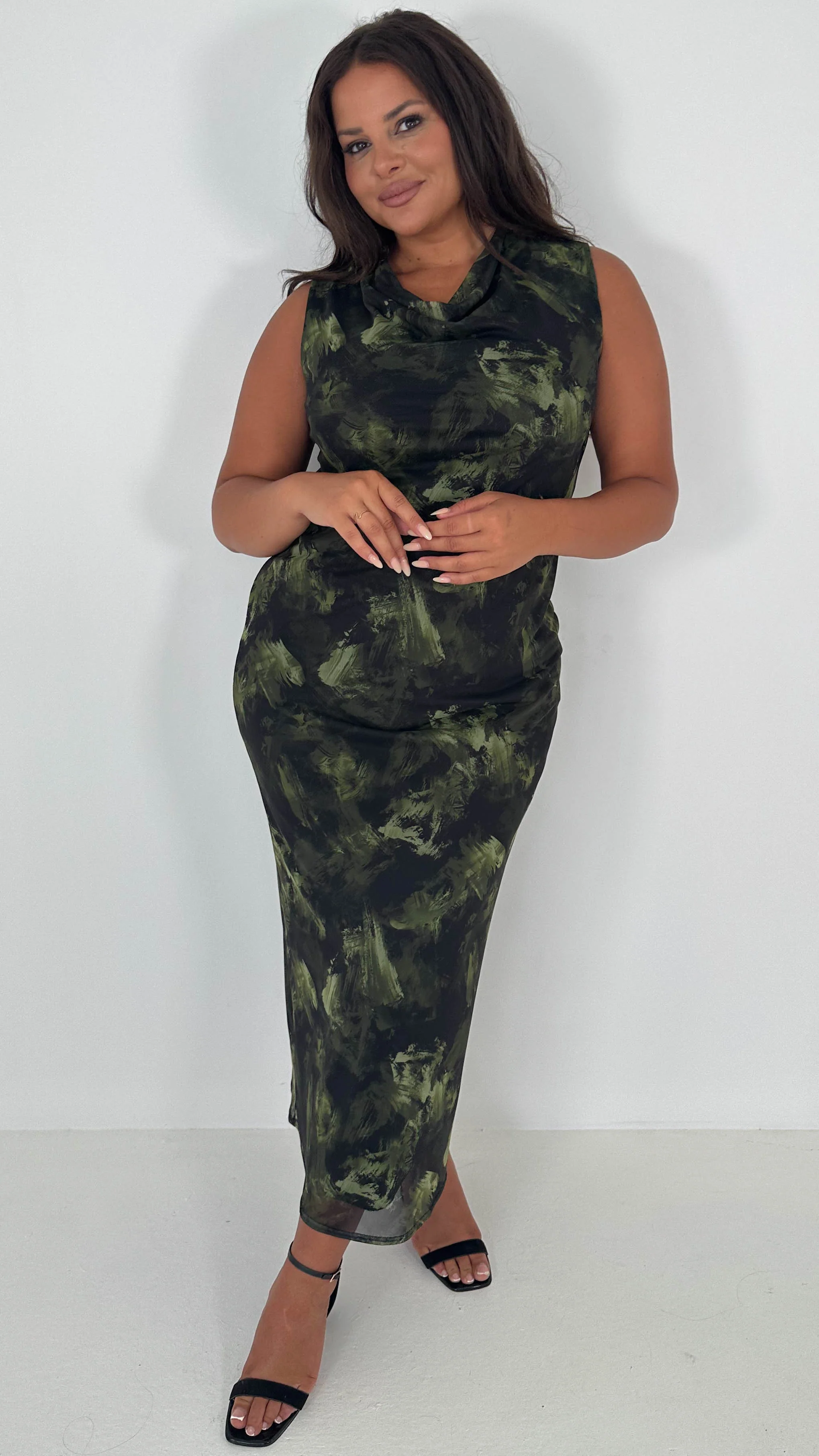 CurveWow Cowl Neck Mesh Midaxi Dress Green Brushstroke - Insurauncei