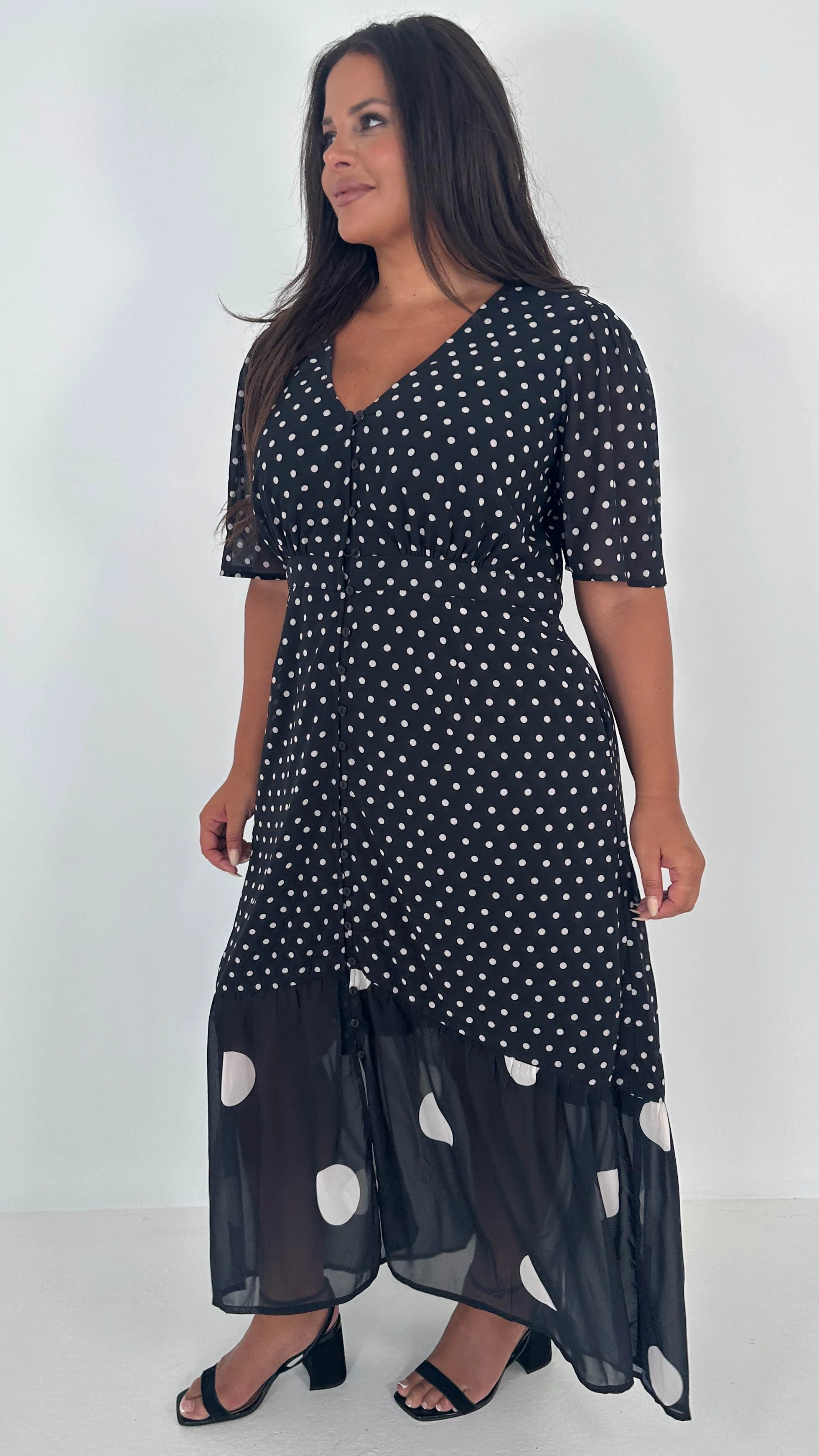 CurveWow Double Spot Frill Hem Maxi Dress Black - Insurauncei