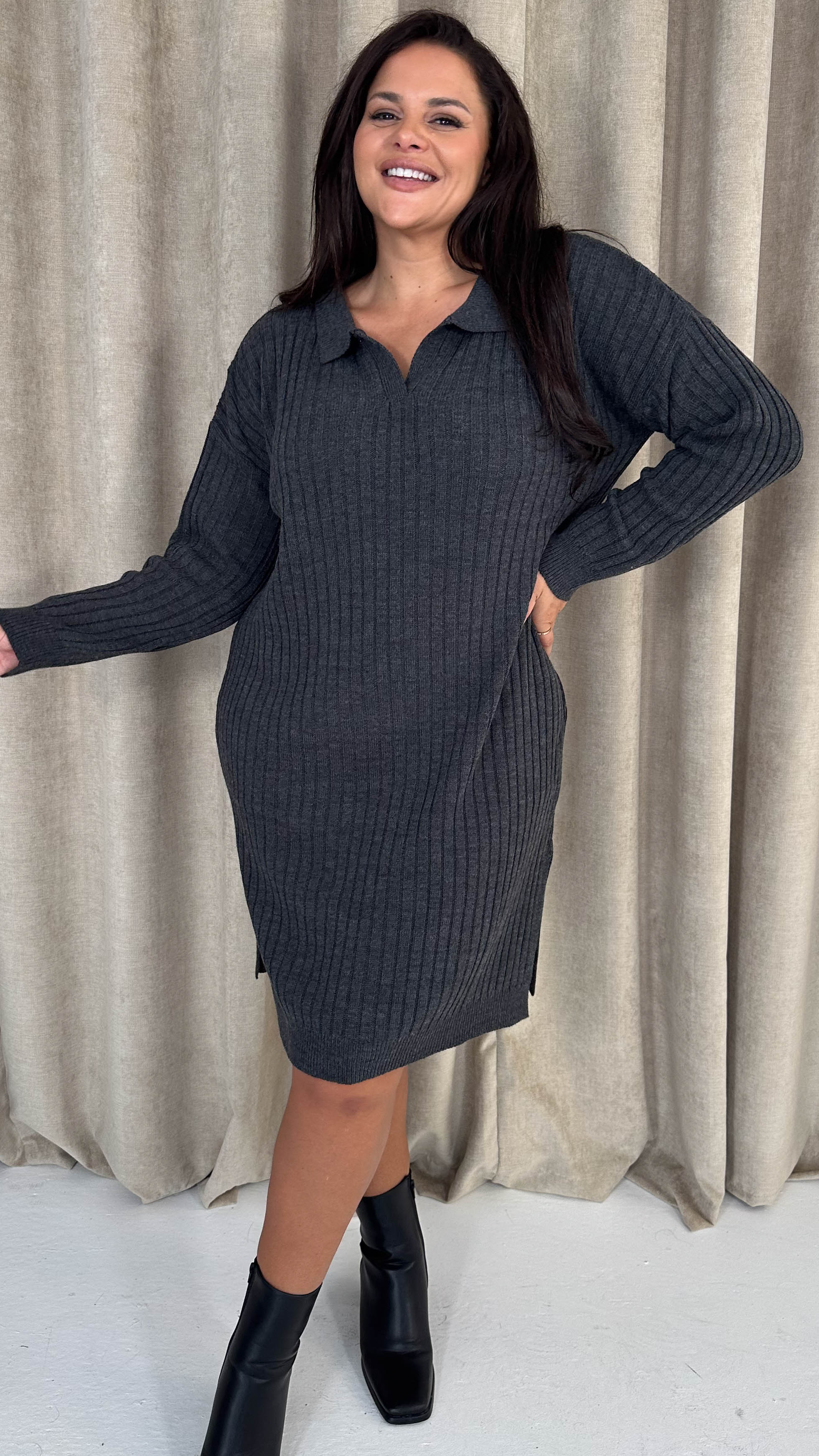 CurveWow Collar Rib Knitted Jumper Dress Charcoal - Insurauncei