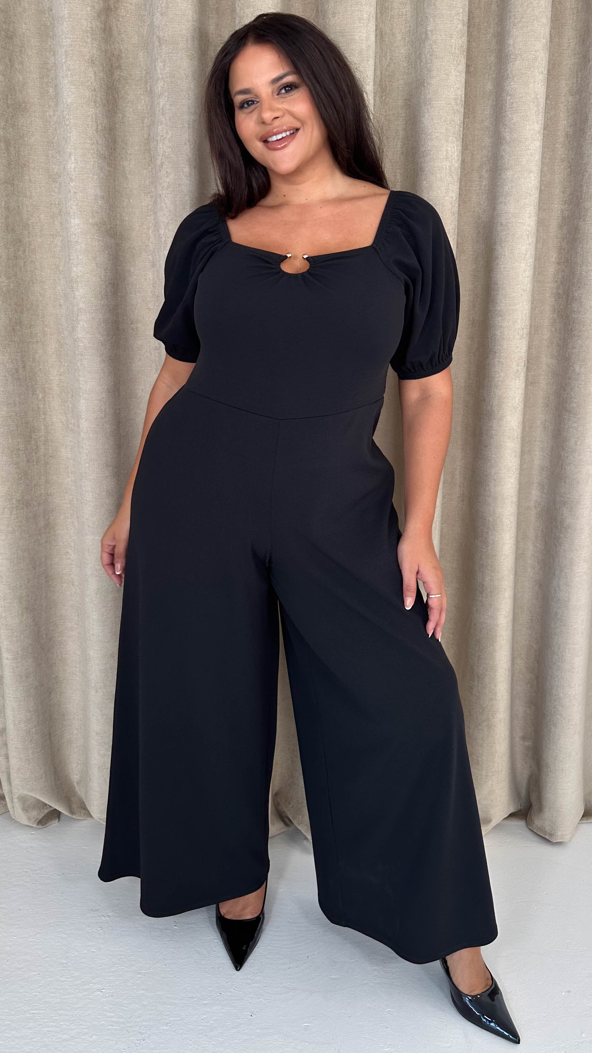CurveWow O-Ring Milkmaid Wideleg Jumpsuit Black - Insurauncei