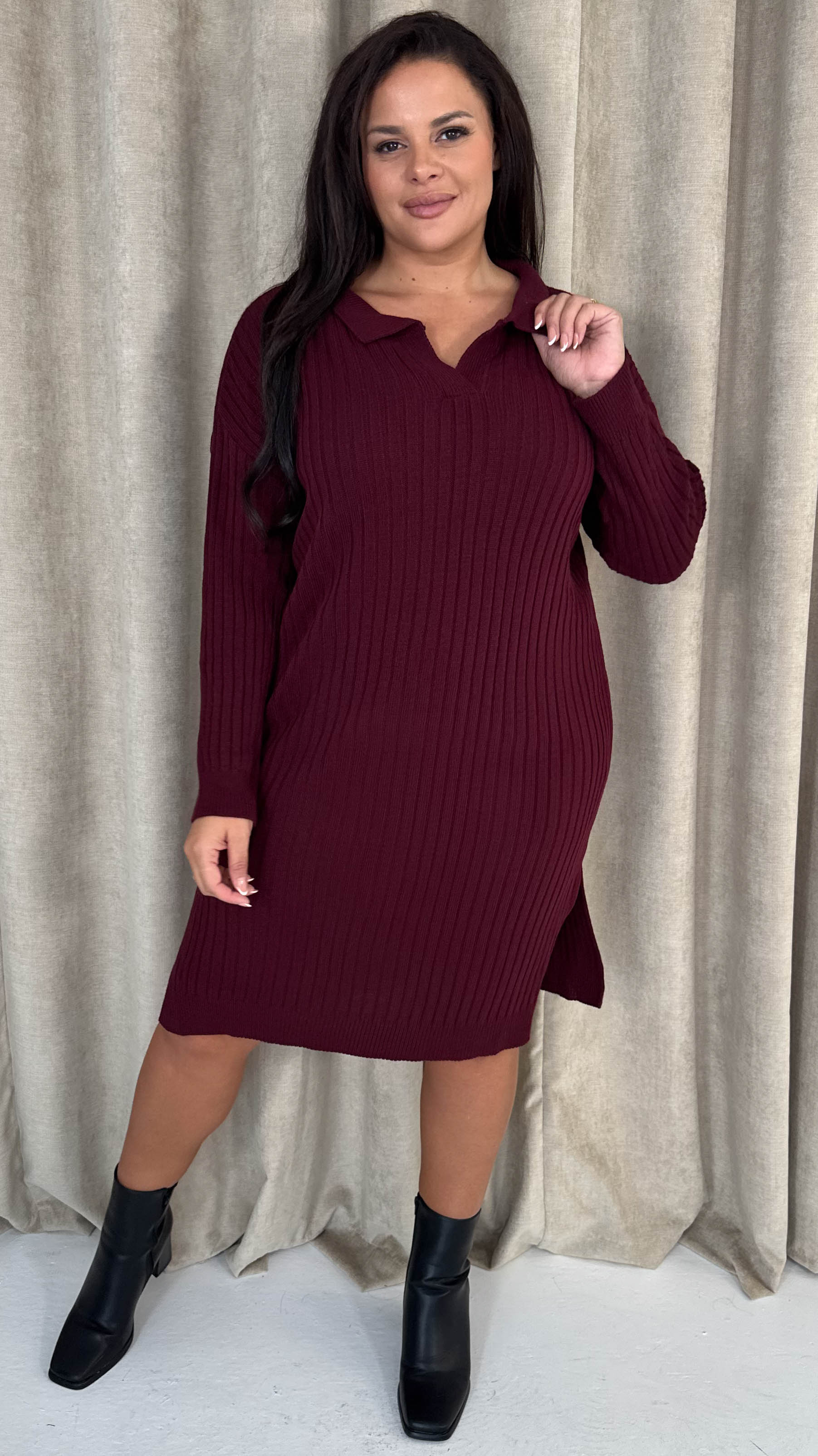 CurveWow Collar Rib Knitted Jumper Dress Wine - Insurauncei