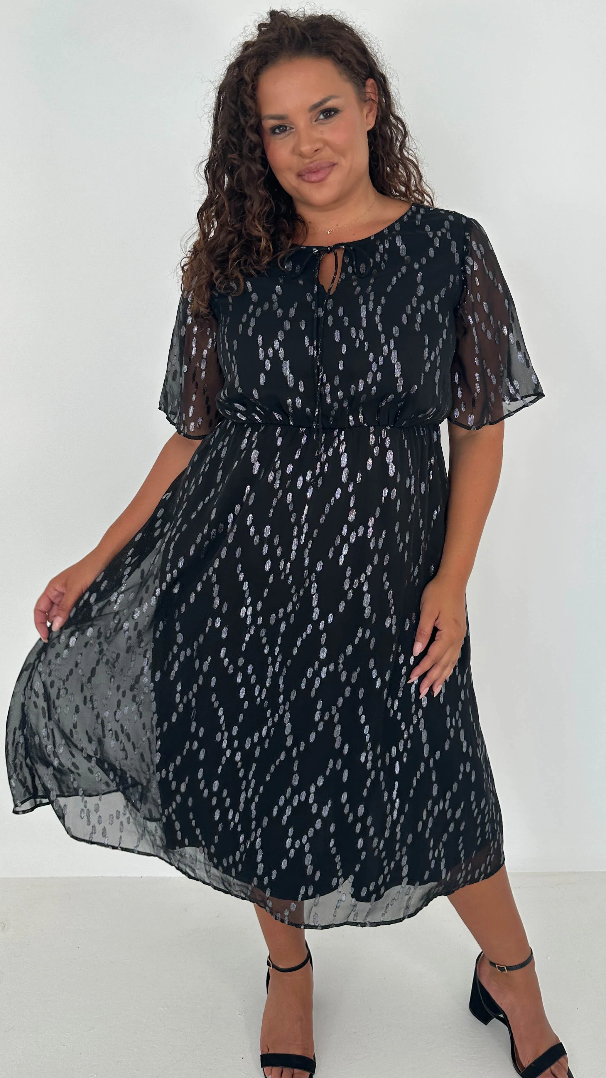 CurveWow Foil Tie Front Midi Dress Black Silver - Insurauncei