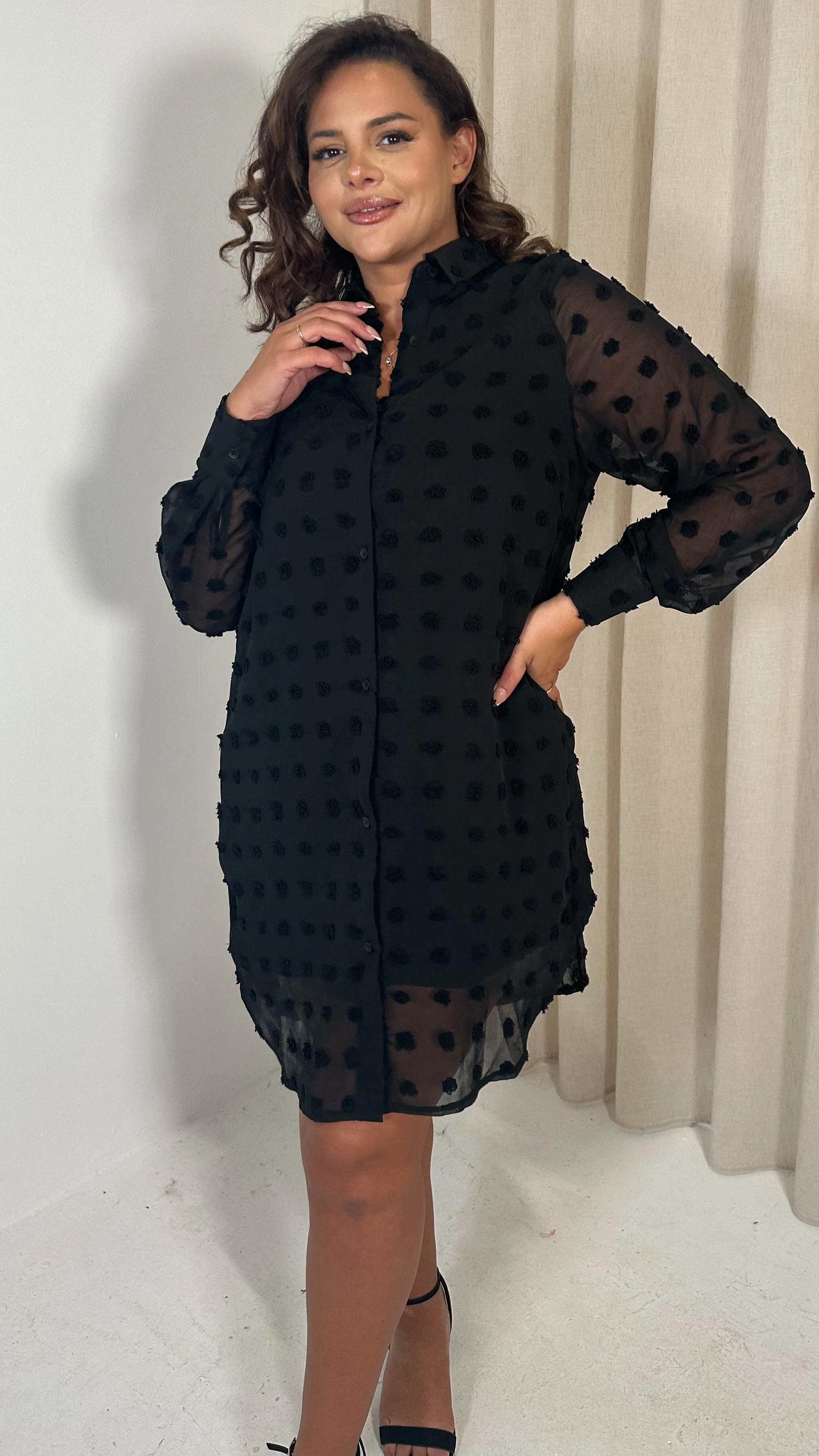 CurveWow Embossed Dot Shirt Dress Black - Insurauncei
