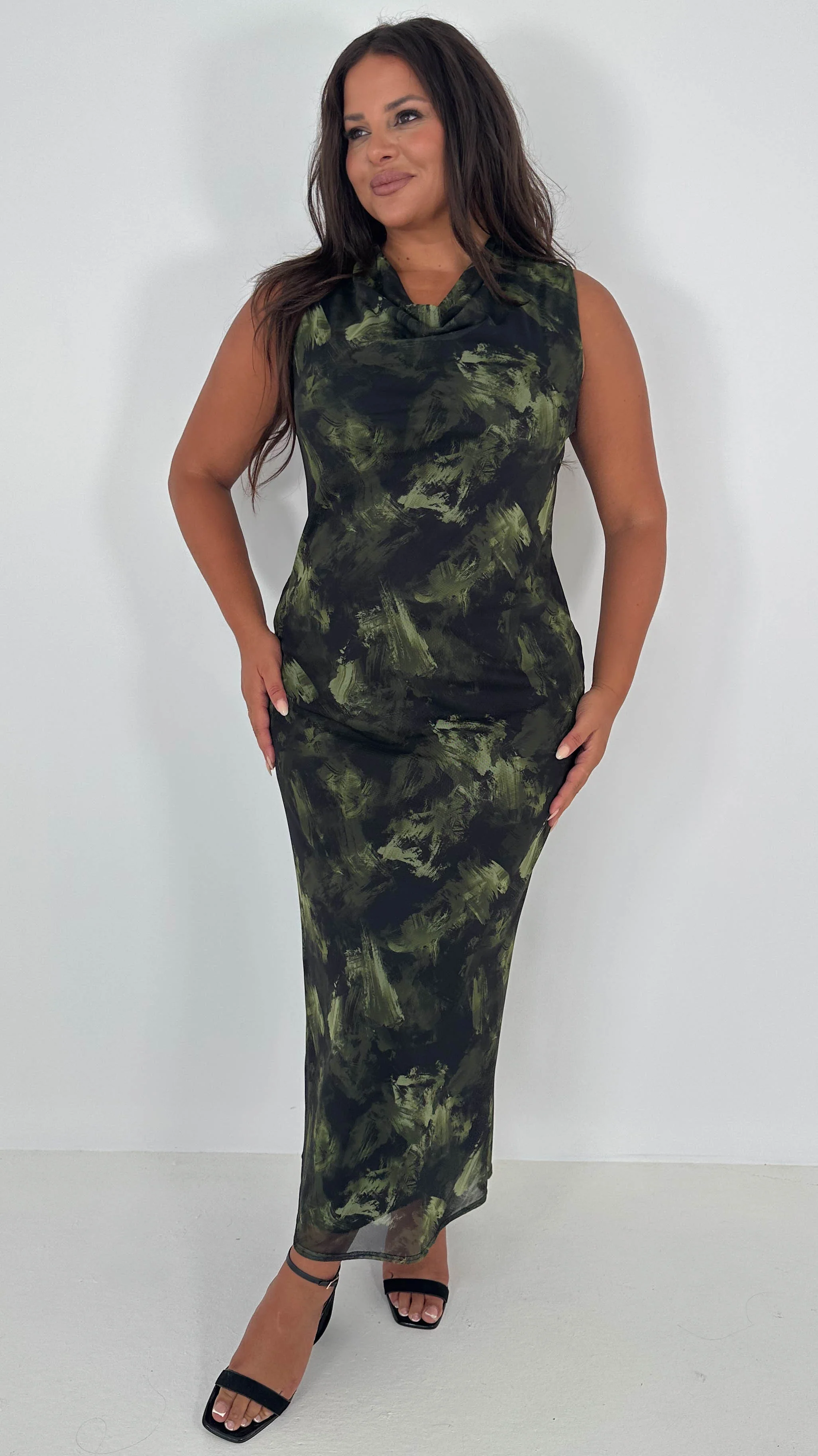 CurveWow Cowl Neck Mesh Midaxi Dress Green Brushstroke - Insurauncei