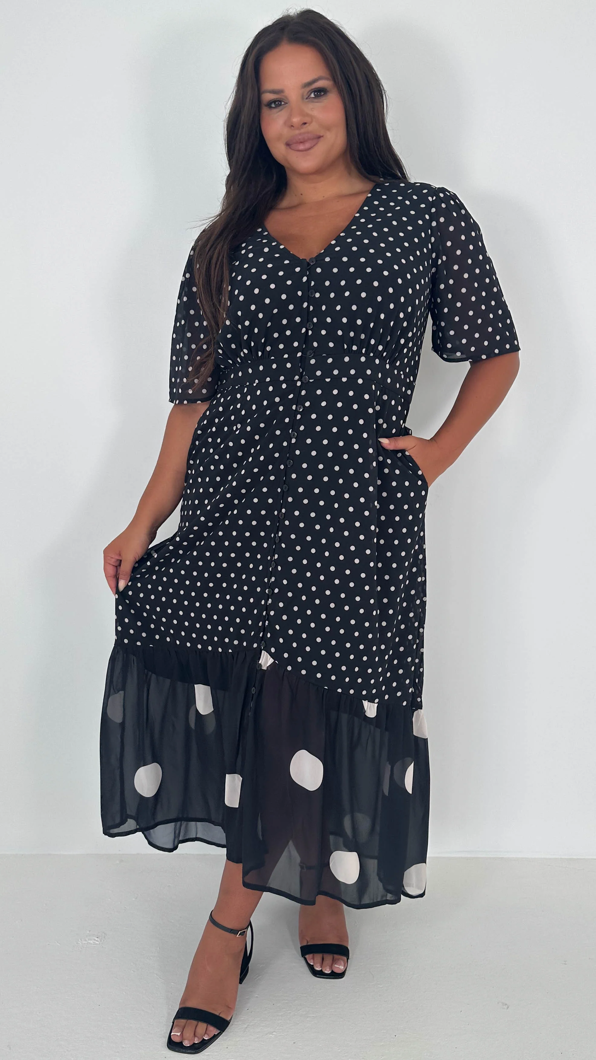 CurveWow Double Spot Frill Hem Maxi Dress Black - Insurauncei