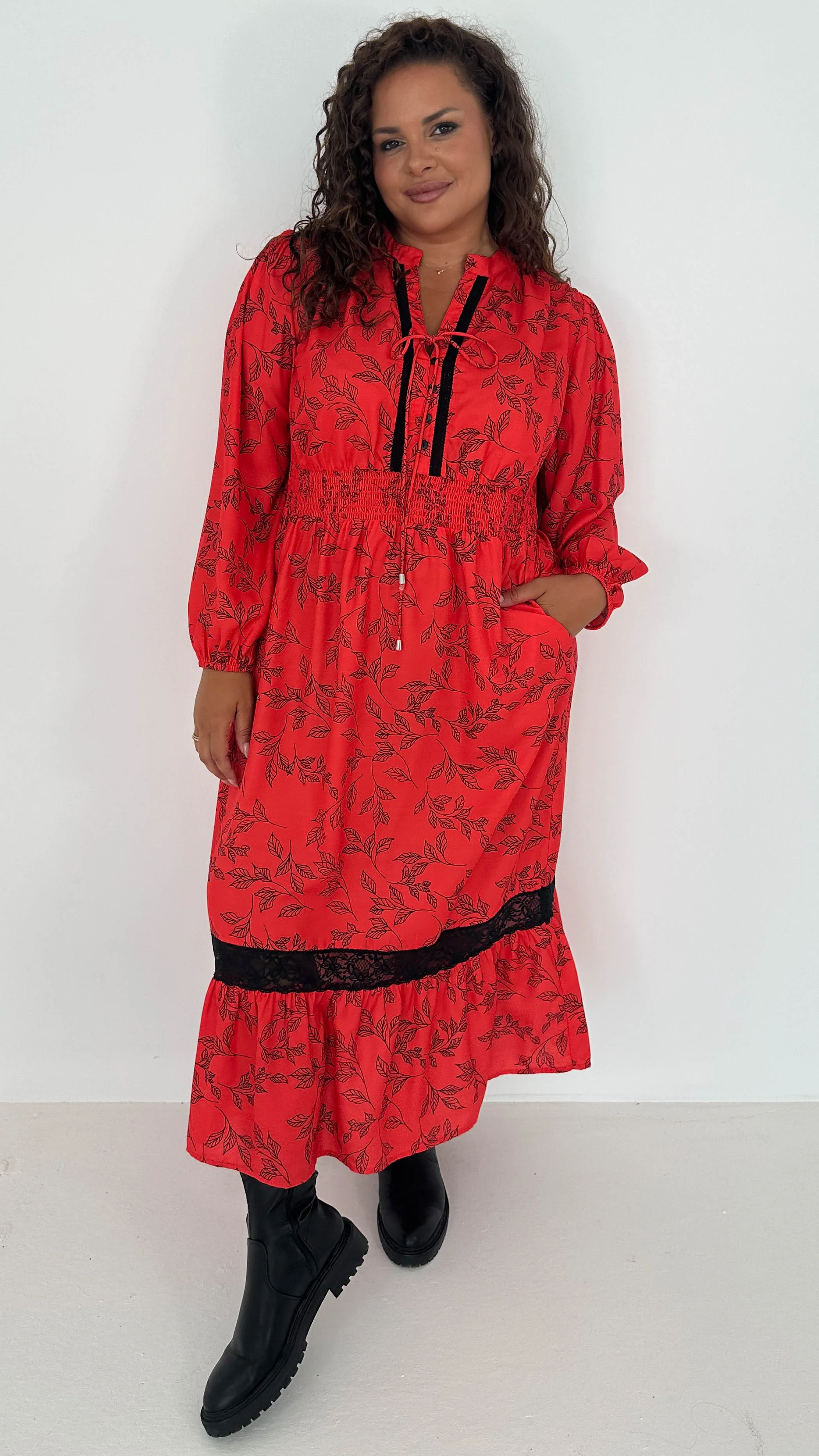 CurveWow Lace Insert Printed Midi Dress Red Leaf - Insurauncei