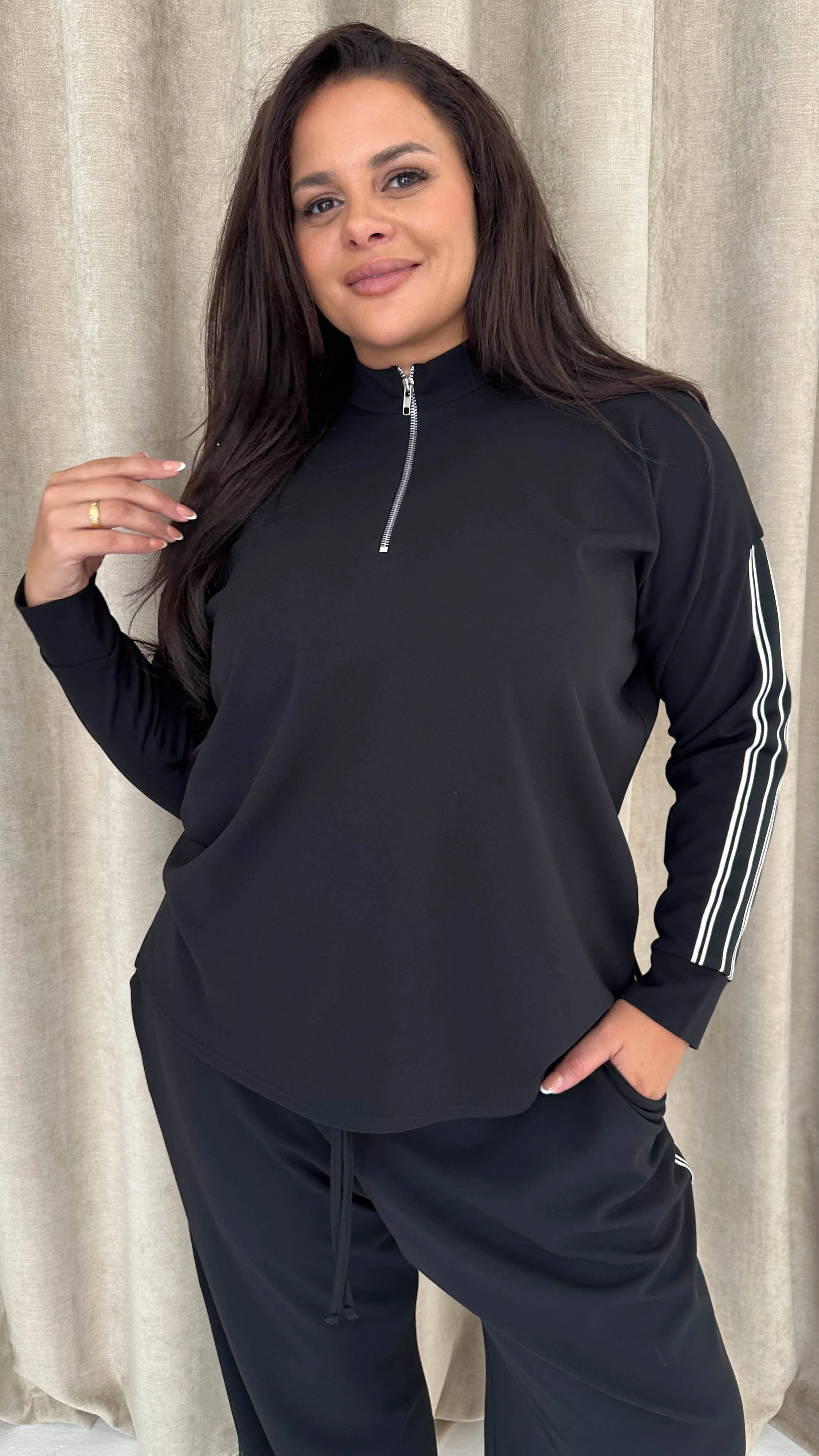 CurveWow Half Zip Tape Shoulder Top Black - Insurauncei