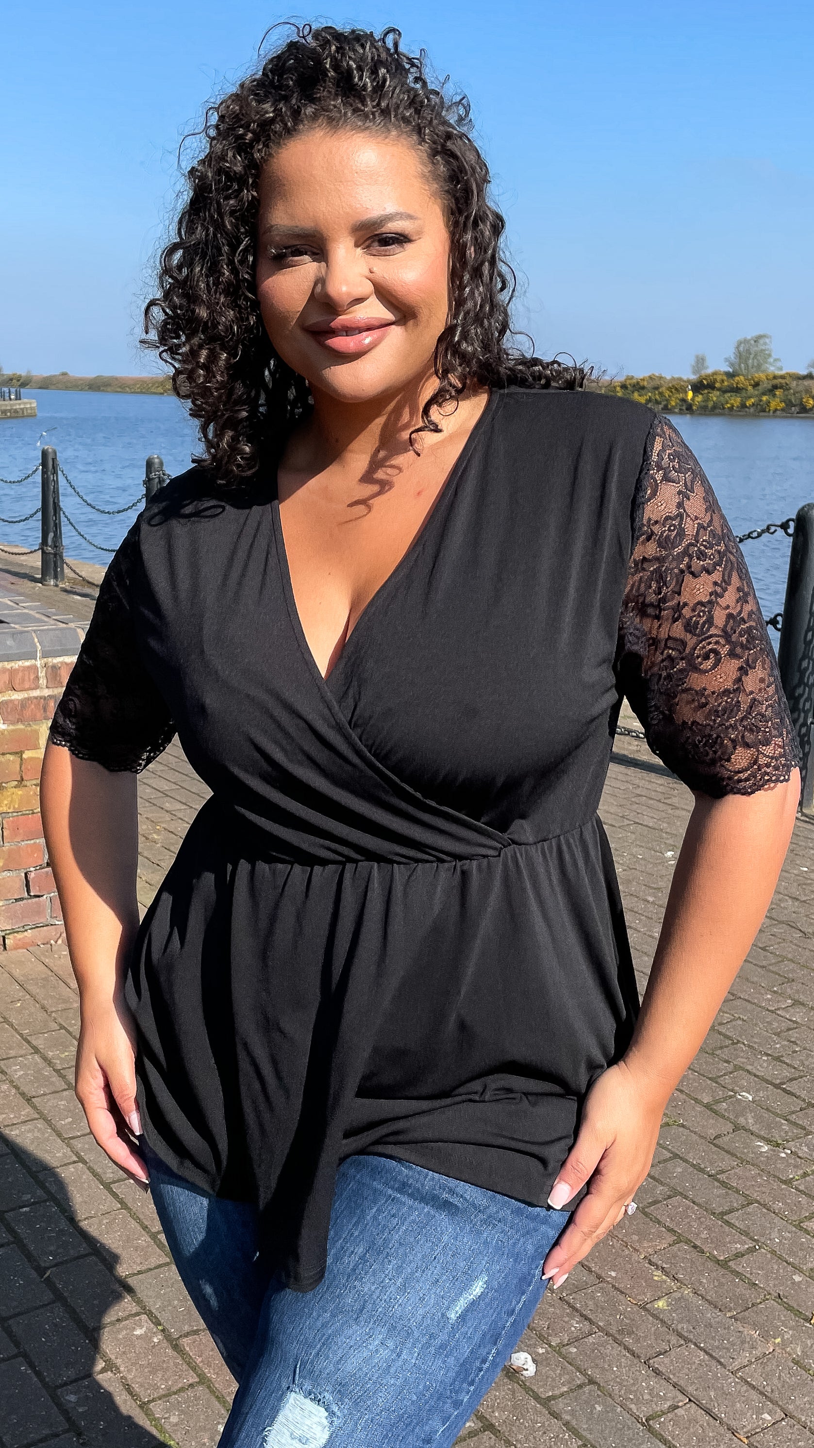 CurveWow Wrap Top With Lace Sleeves Black - Insurauncei