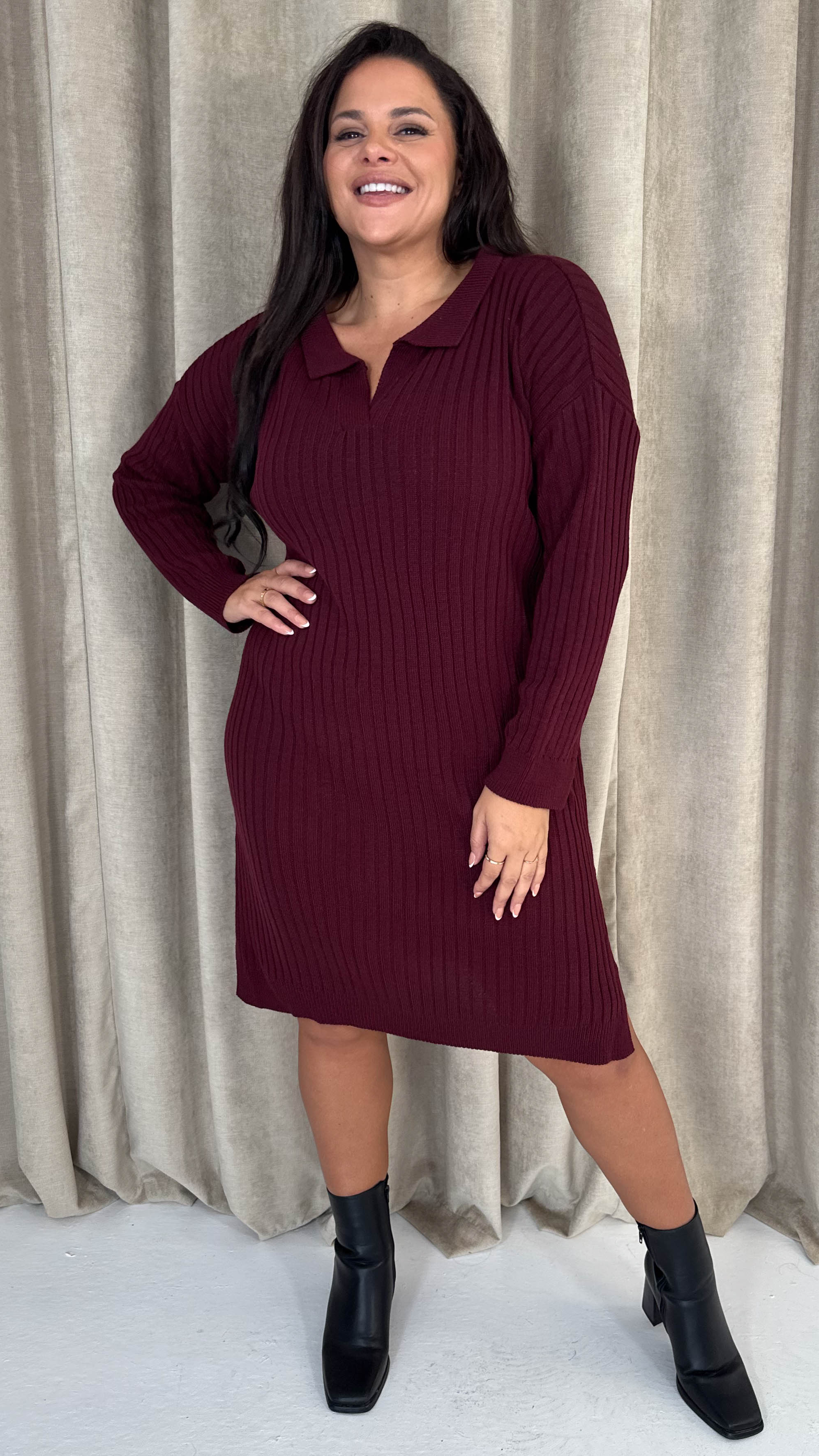 CurveWow Collar Rib Knitted Jumper Dress Wine - Insurauncei