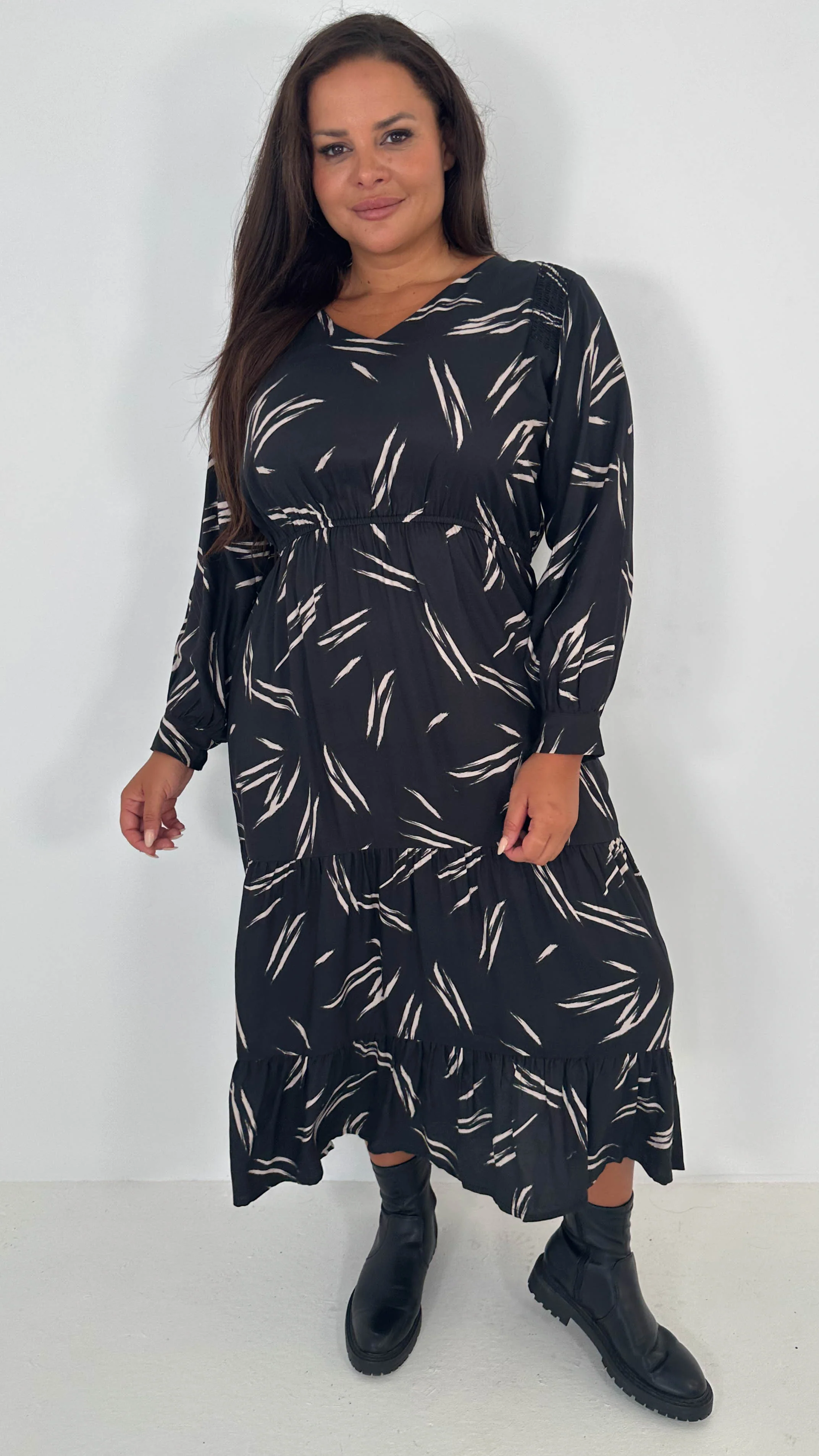 CurveWow V-Neck Midi Dress Black & Nude Print - Insurauncei