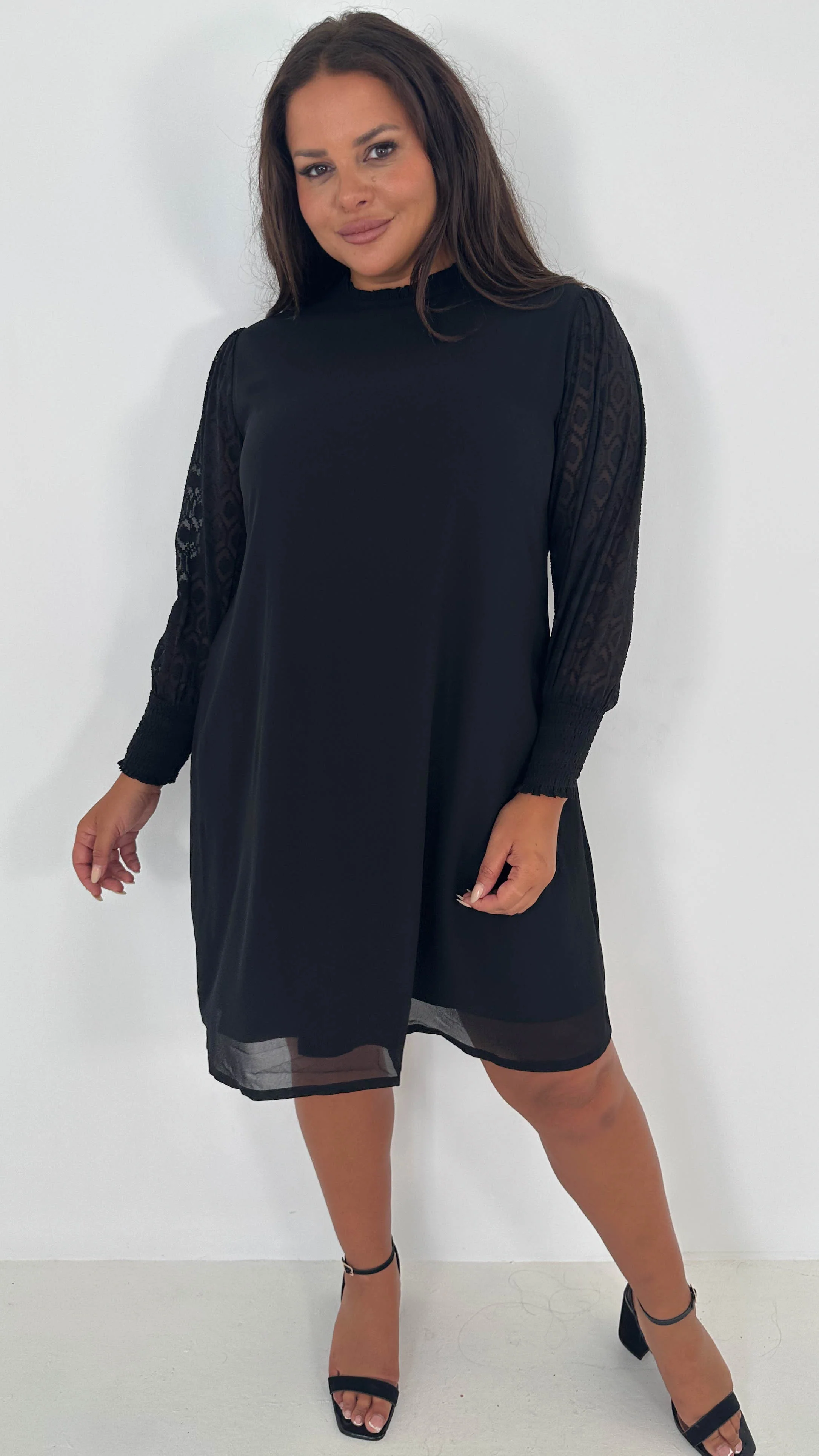 CurveWow Black Sheer Sleeve Shift Dress - Insurauncei
