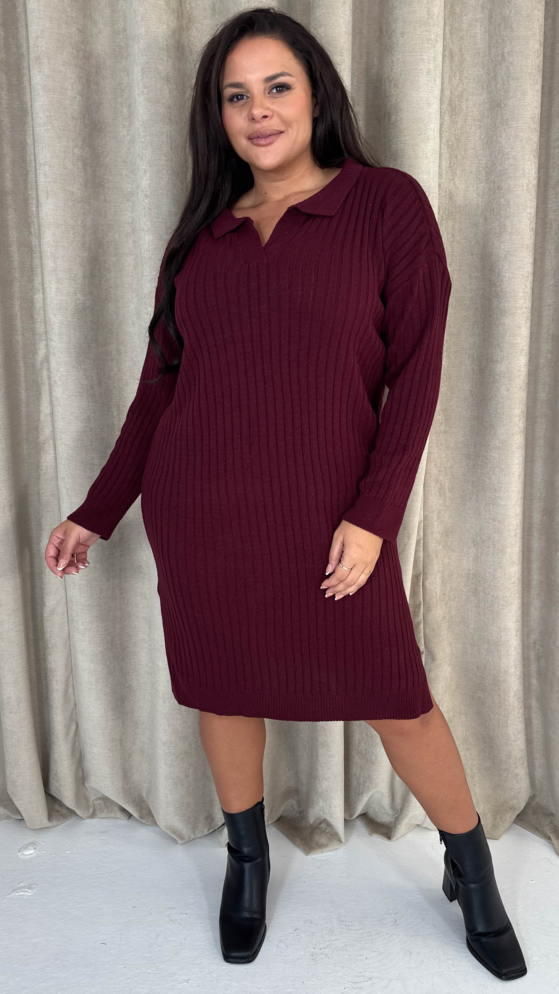 CurveWow Collar Rib Knitted Jumper Dress Wine - Insurauncei