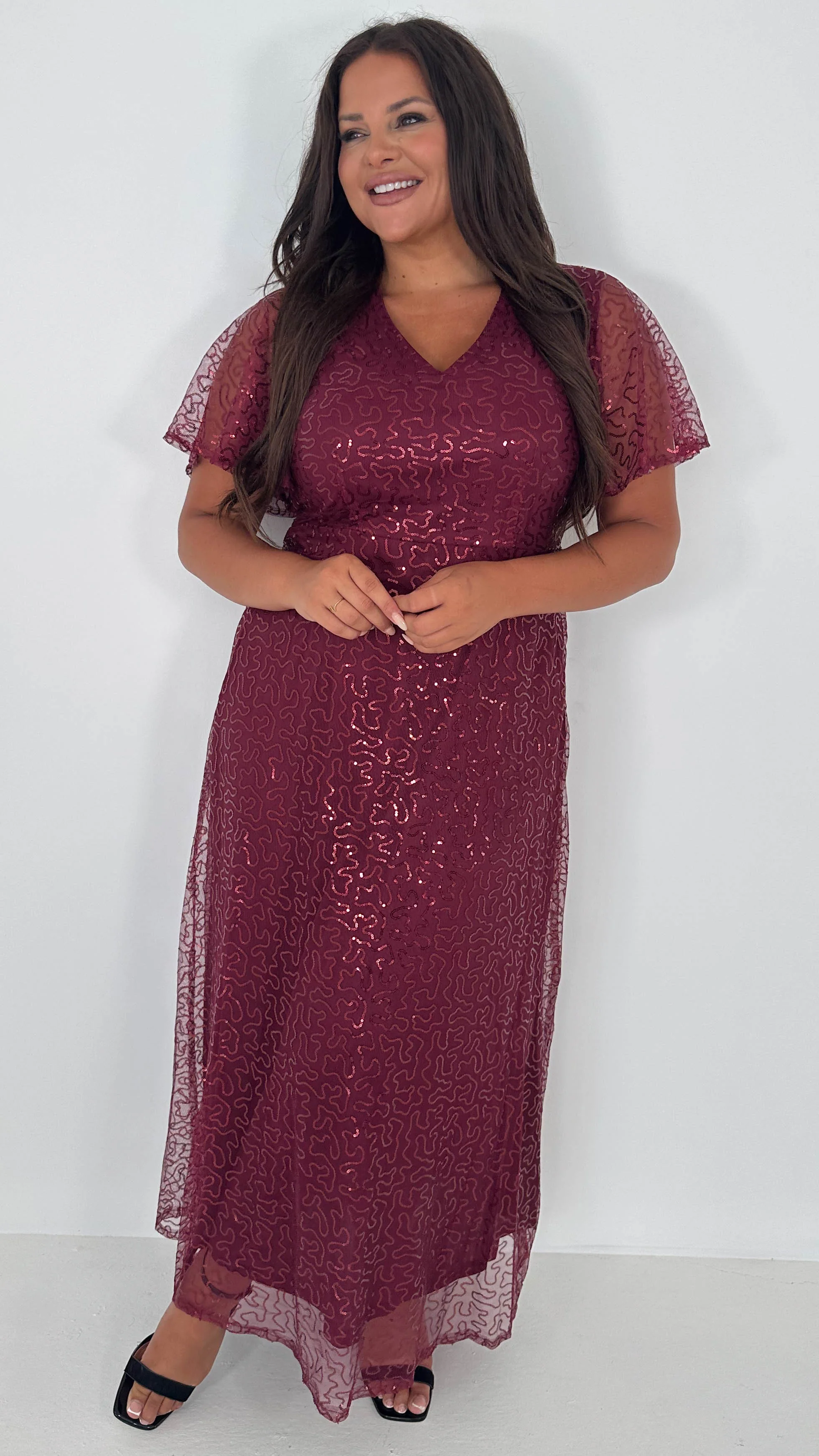 CurveWow Sequin Maxi Dress Wine - Insurauncei
