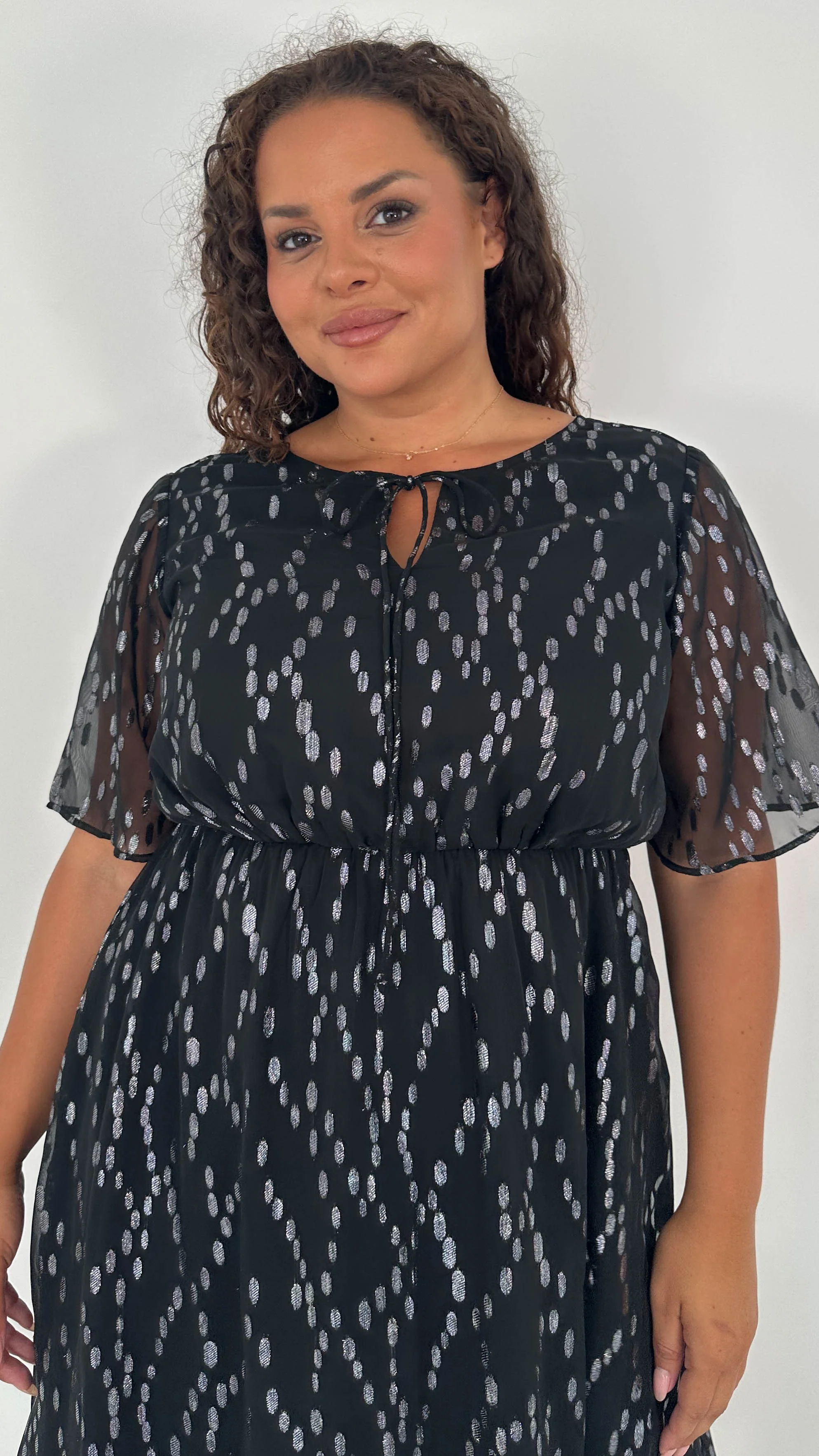 CurveWow Foil Tie Front Midi Dress Black Silver - Insurauncei