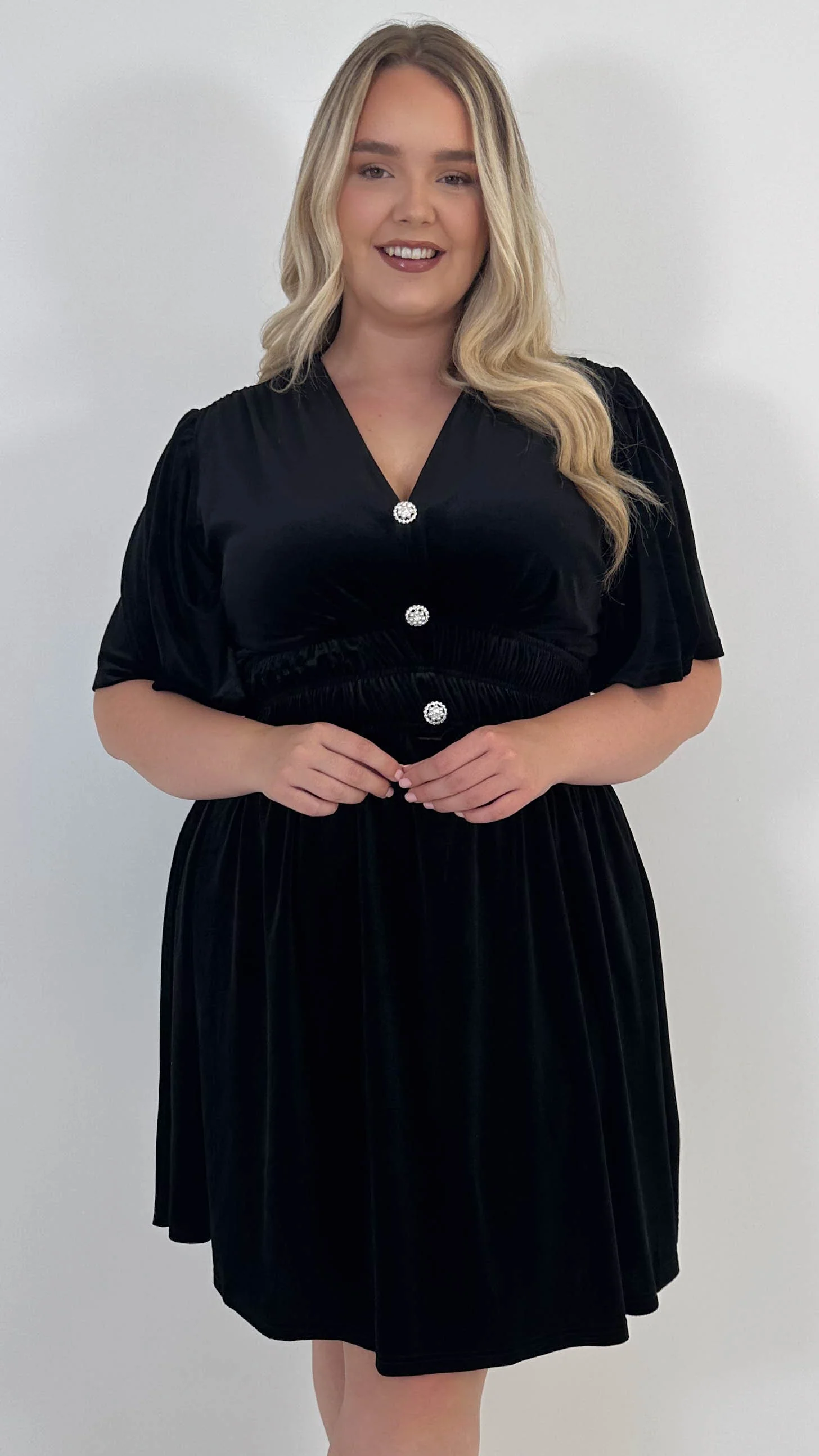 CurveWow Velvet Diamante Button Front Mini Dress Black - Insurauncei