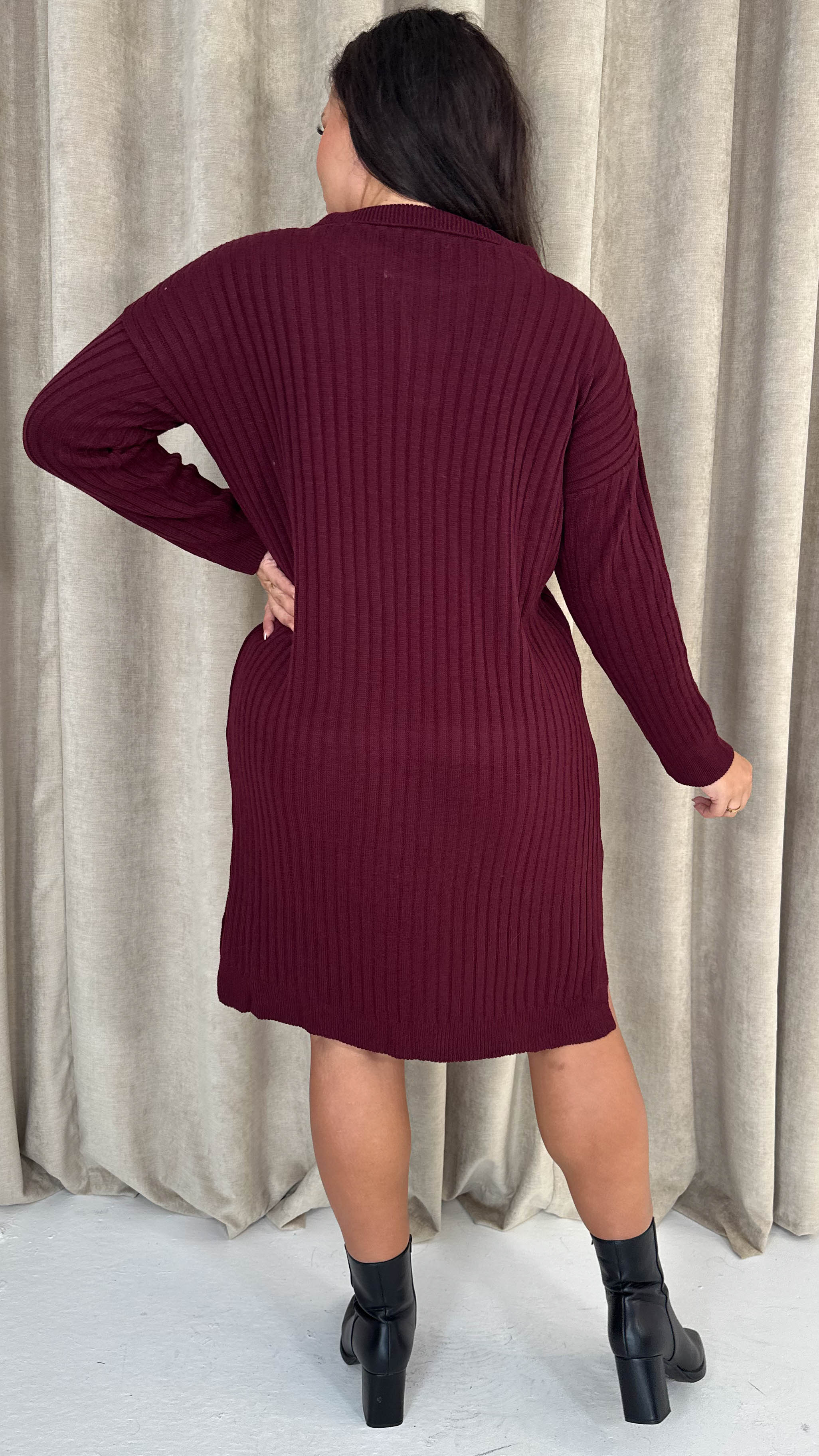 CurveWow Collar Rib Knitted Jumper Dress Wine - Insurauncei