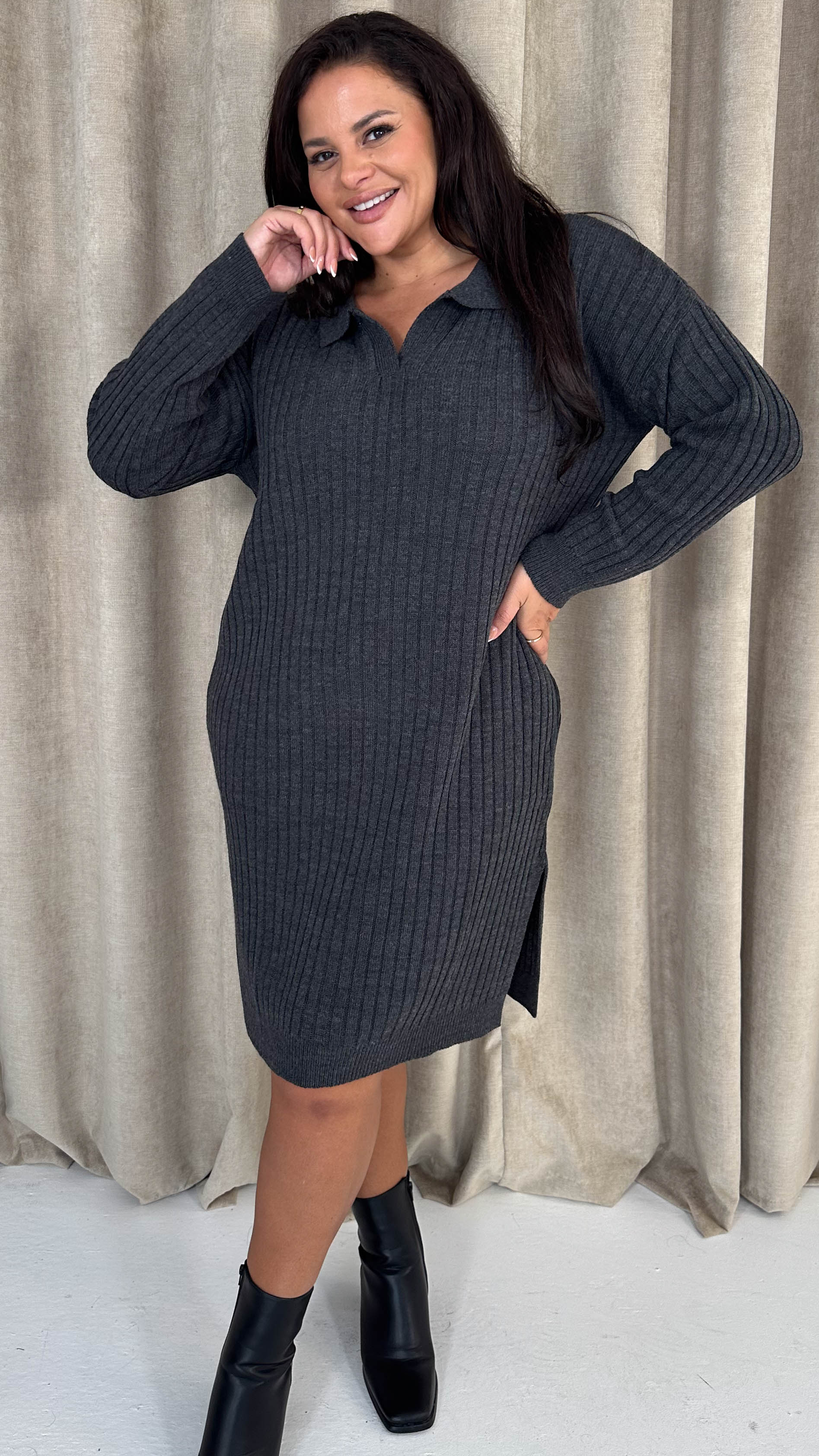 CurveWow Collar Rib Knitted Jumper Dress Charcoal - Insurauncei
